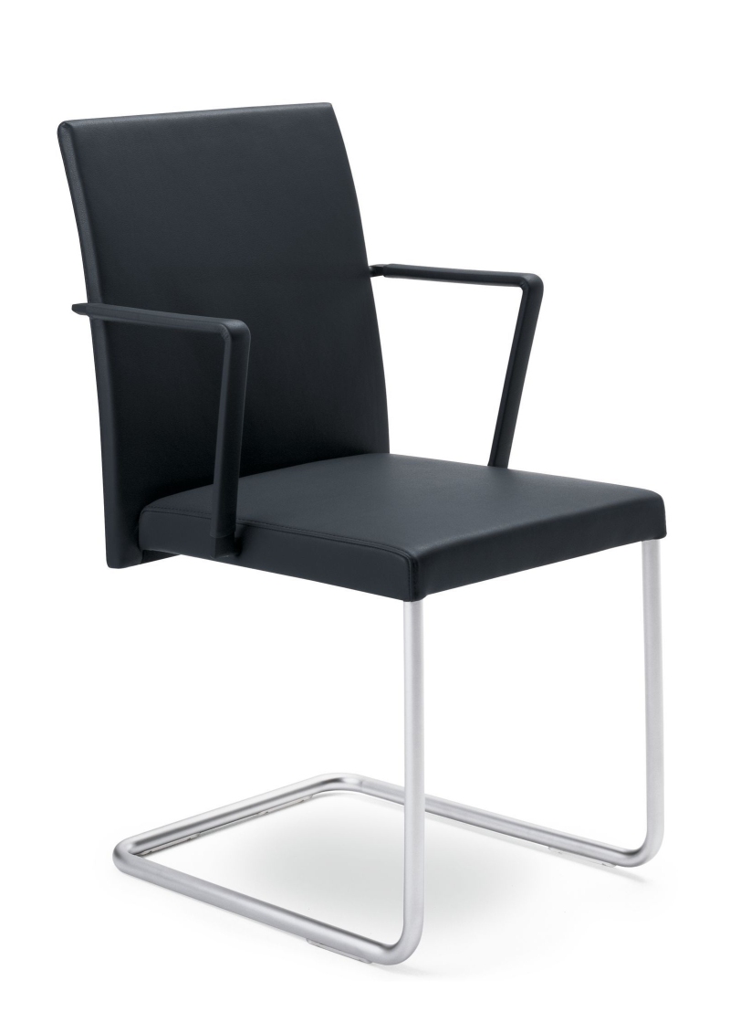 JASON 1901 Freischwinger Stuhl von Walter Knoll mit schwarzem Leder und silbernem Gestell.