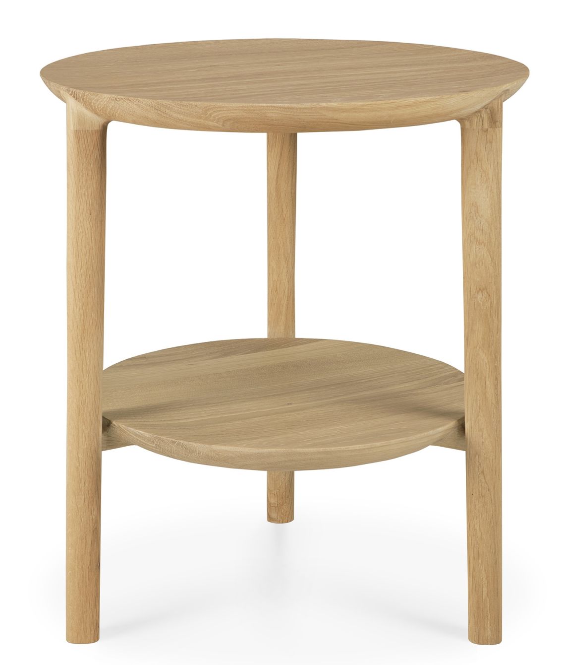 Bok Beistelltisch aus Eiche von Ethnicraft: Runder Holztisch mit zwei Ebenen.