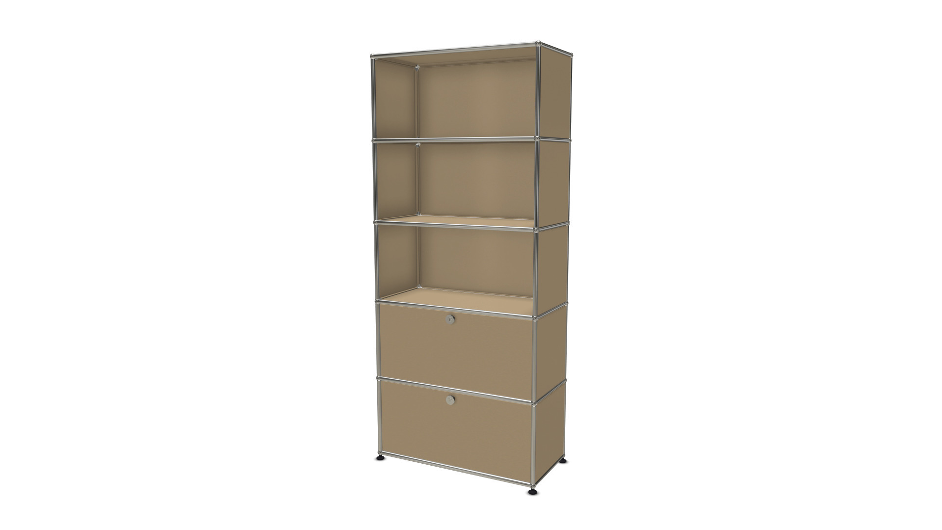 USM Haller Regal in Beige mit zwei Klappen, modulare Aufbewahrungslösung für modernes Wohnen.