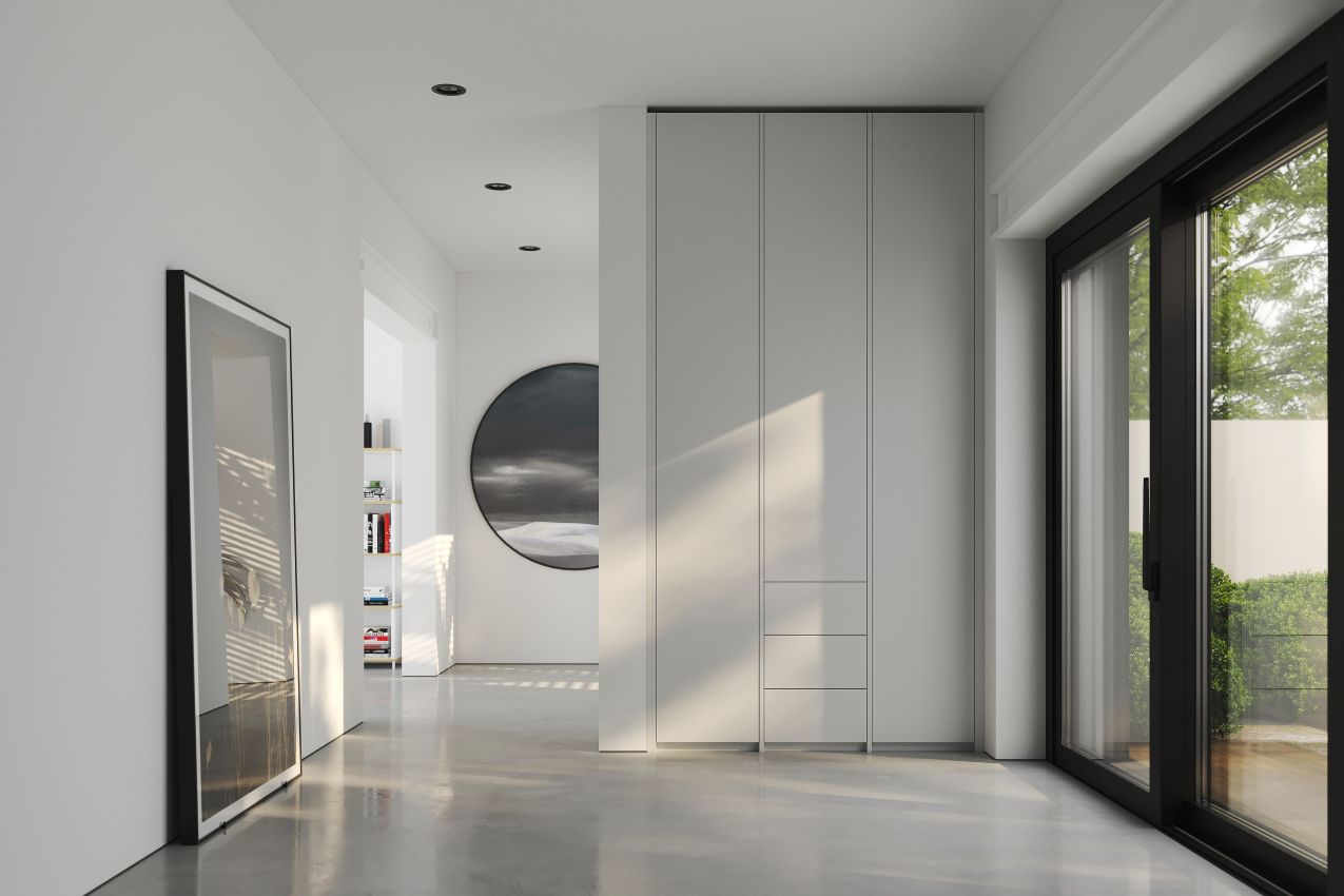 Moderner, weißer MODULAR PLUS Schrank von Müller Möbelwerkstätten mit drei Schubkästen im Flur.