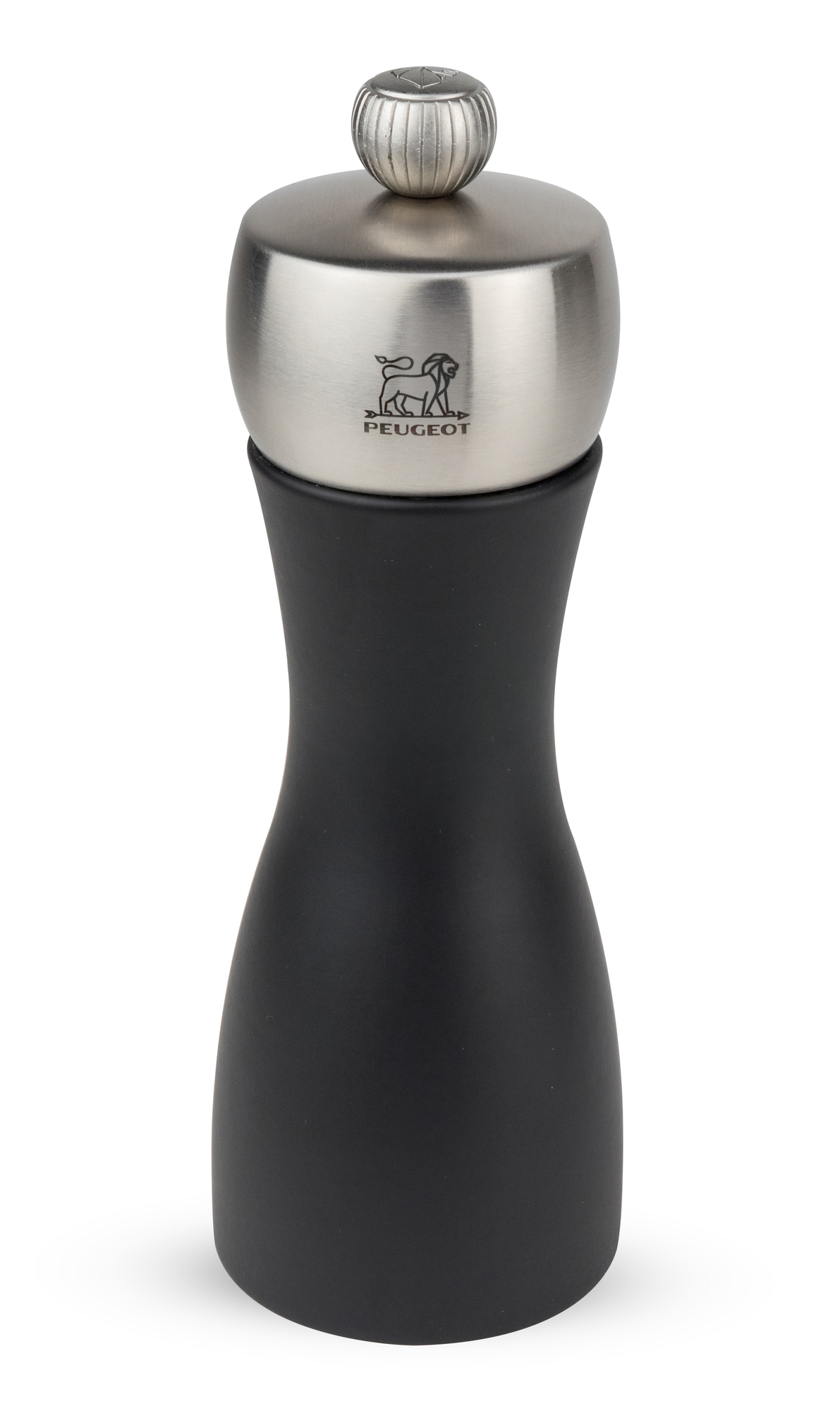 Peugeot Fidji Salzmühle, 20cm, aus schwarzem Holz mit silberfarbenem Kopf, Einzelstück.