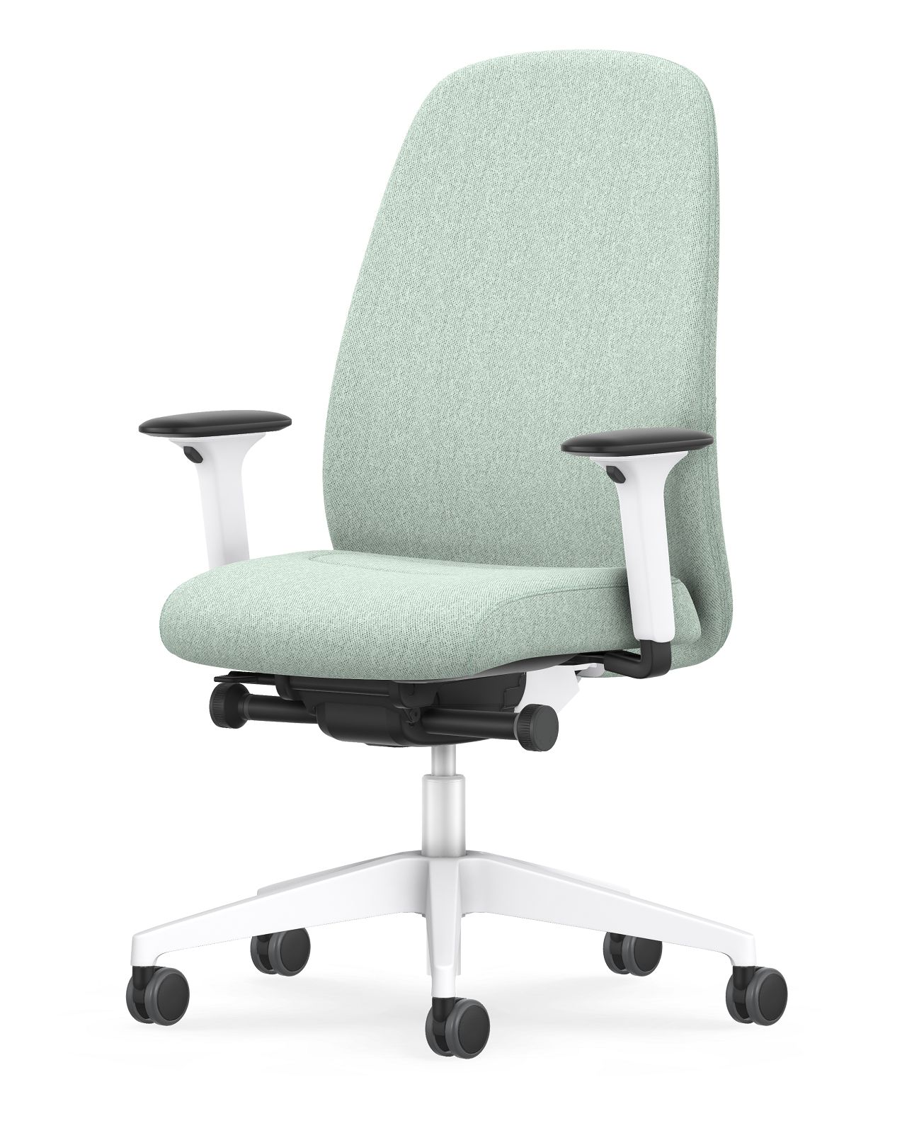 HEJ Bürodrehstuhl von Interstuhl mit mintgrünem Stoffbezug, weißen Armlehnen und Fußkreuz. Ergonomischer Arbeitsstuhl.