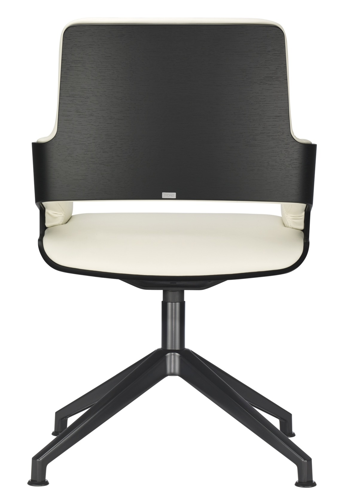 Ansicht von hinten: S 847 D Drehsessel von Thonet mit schwarzem Holz und cremefarbenem Leder.