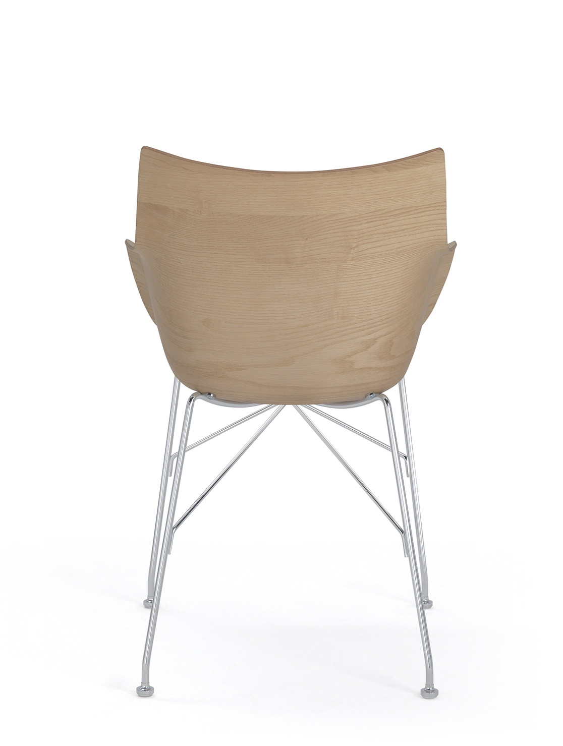 Rückansicht des Q/Wood Stuhls von Kartell mit Holzschale und verchromtem Metallgestell.