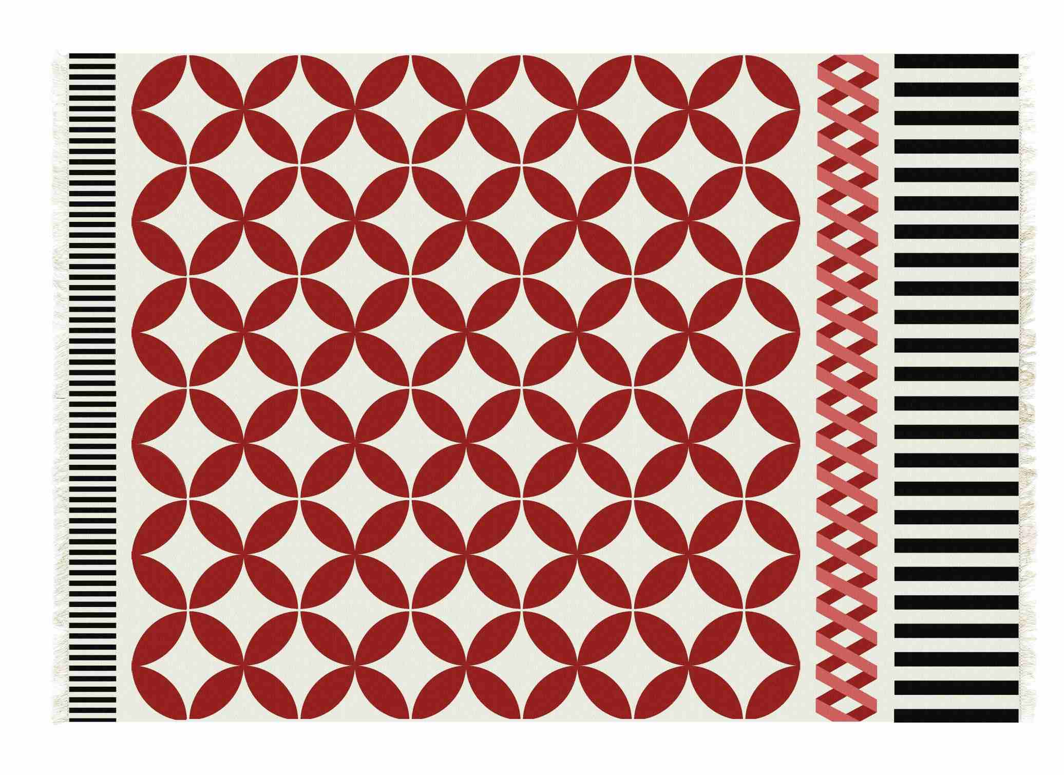 Kilim Catania Teppich mit rotem Blütenmuster und schwarz-weiß gestreiften Bordüren. Moderner Teppich für Wohnräume.