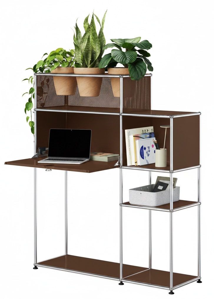 Home Office mit Pflanzenelement USM Haller Braun