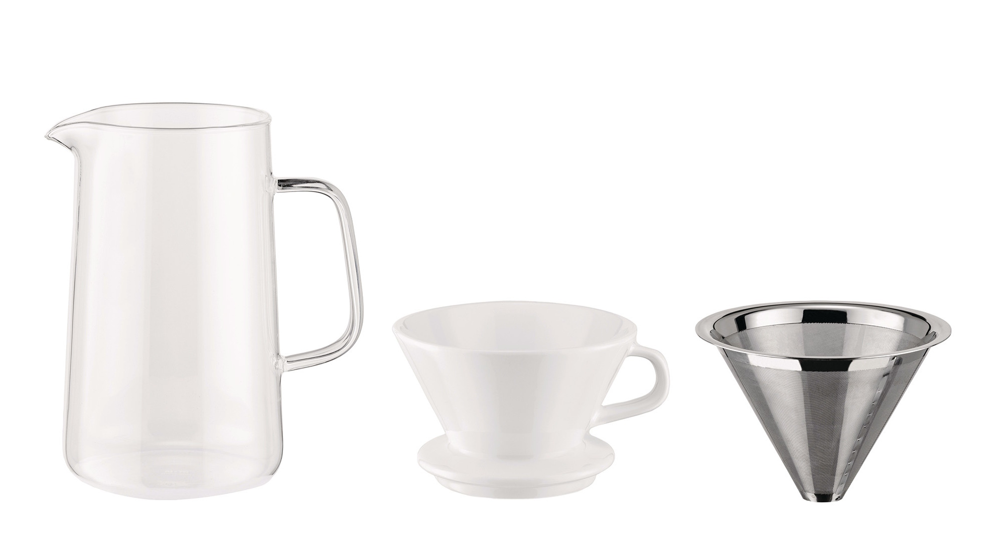 Alessi Slow Coffee Set: Glaskanne, Keramikfilterhalter und Edelstahlfilter für perfekten Filterkaffee.