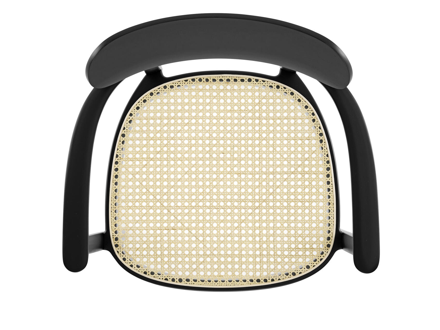 Draufsicht: Schwarzer 118 FV Holzstuhl mit Armlehnen und Wiener Geflecht Sitzfläche.