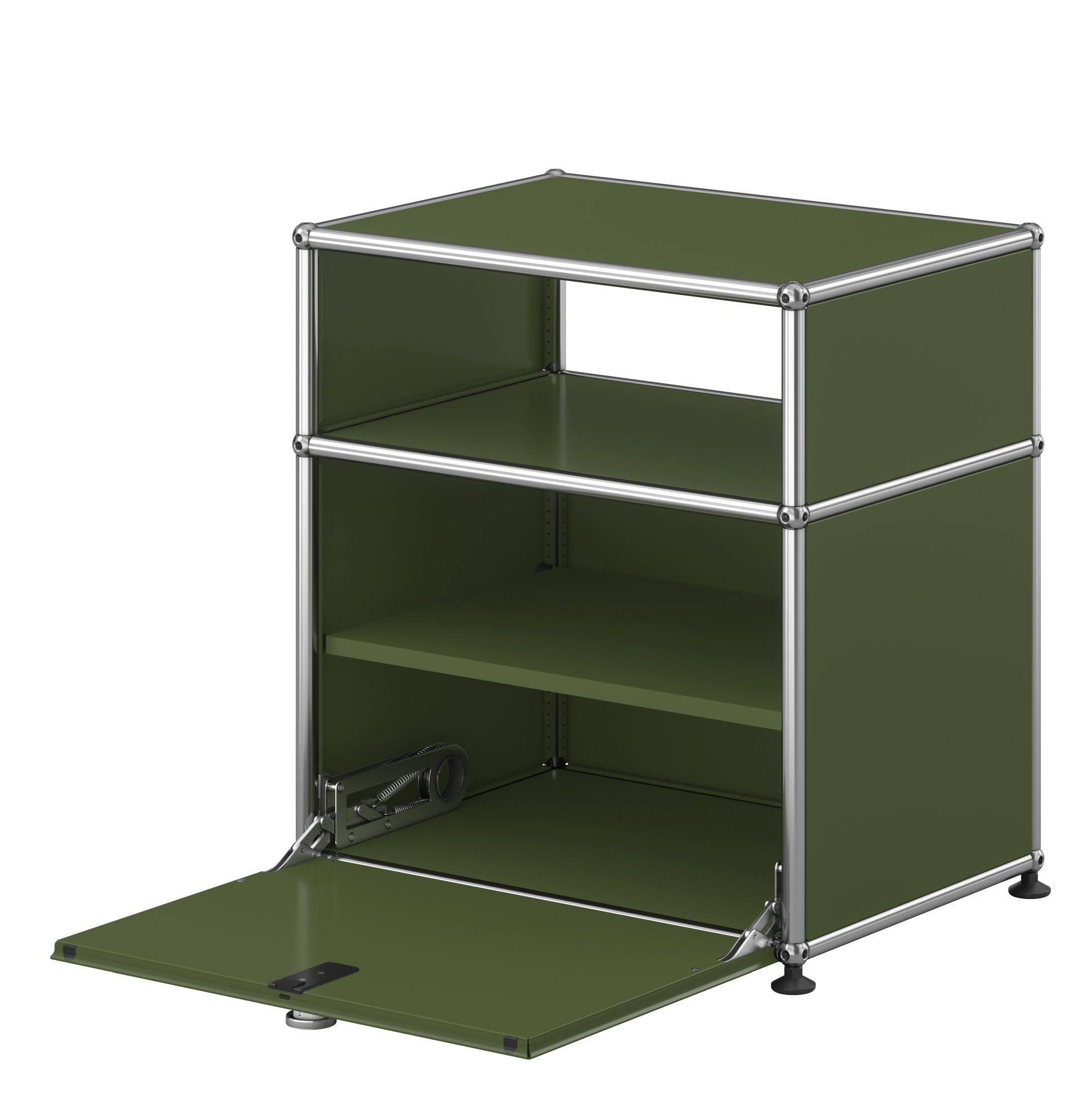 USM Haller Nachttisch in Olivgrün mit offener Klapptür, zwei Fächern und verchromtem Gestell.