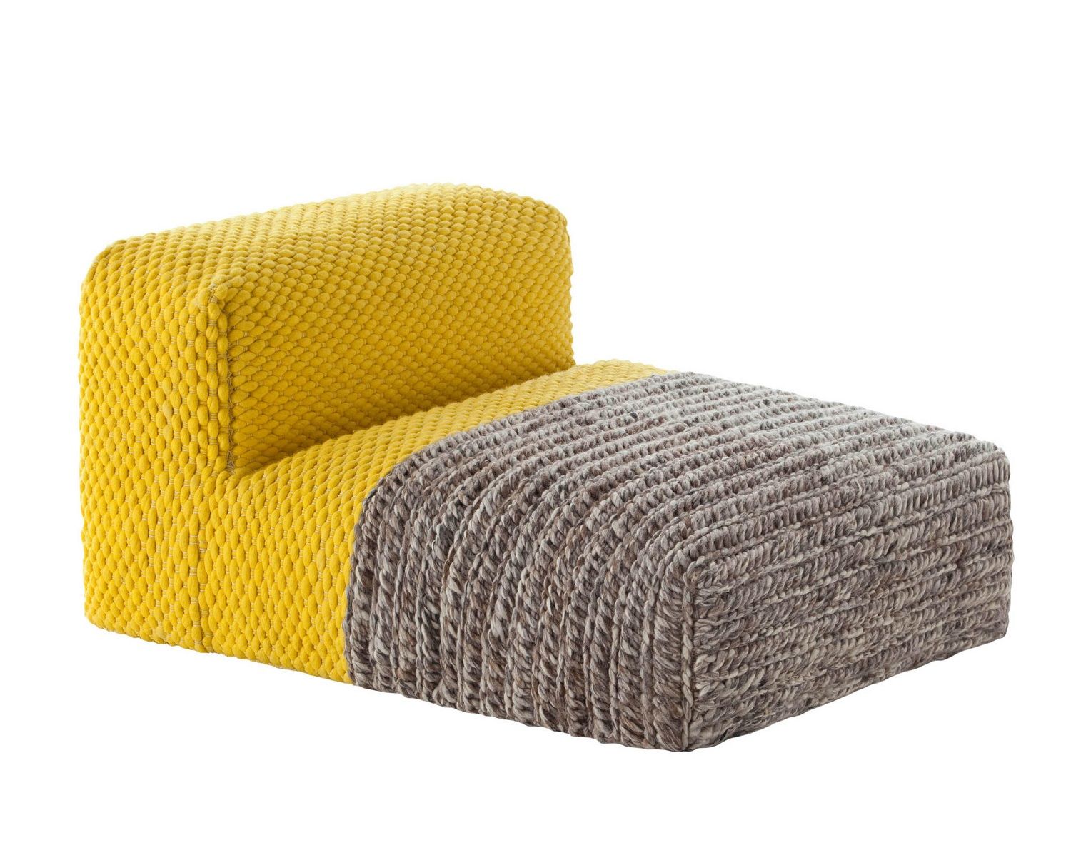 Gelber Mangas Sessel mit grauem Strickmuster, moderner Designer Sessel für Wohnzimmer und Lounge.