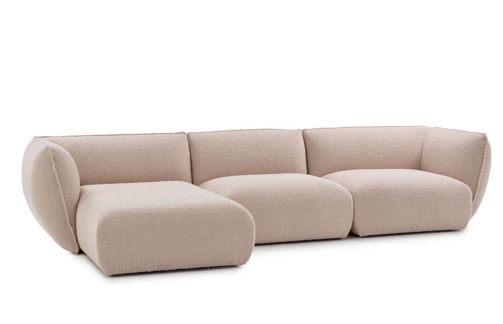 Beige Mia Modular Sofa von Freifrau Manufaktur, Kombinationsvorschlag mit drei Sitzelementen und weichem Bouclé-Bezug.