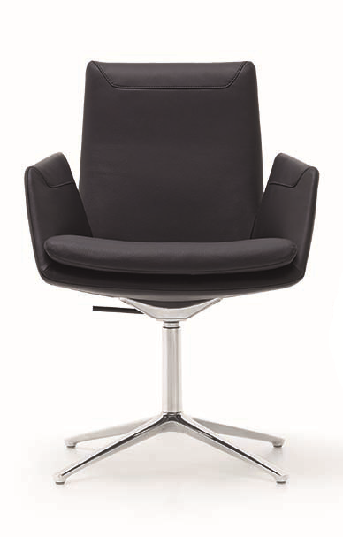 Schwarzer Cordia Drehstuhl mit niedrigem Rücken, Lederbezug und silberfarbenem Fußkreuz, Bürostuhl.