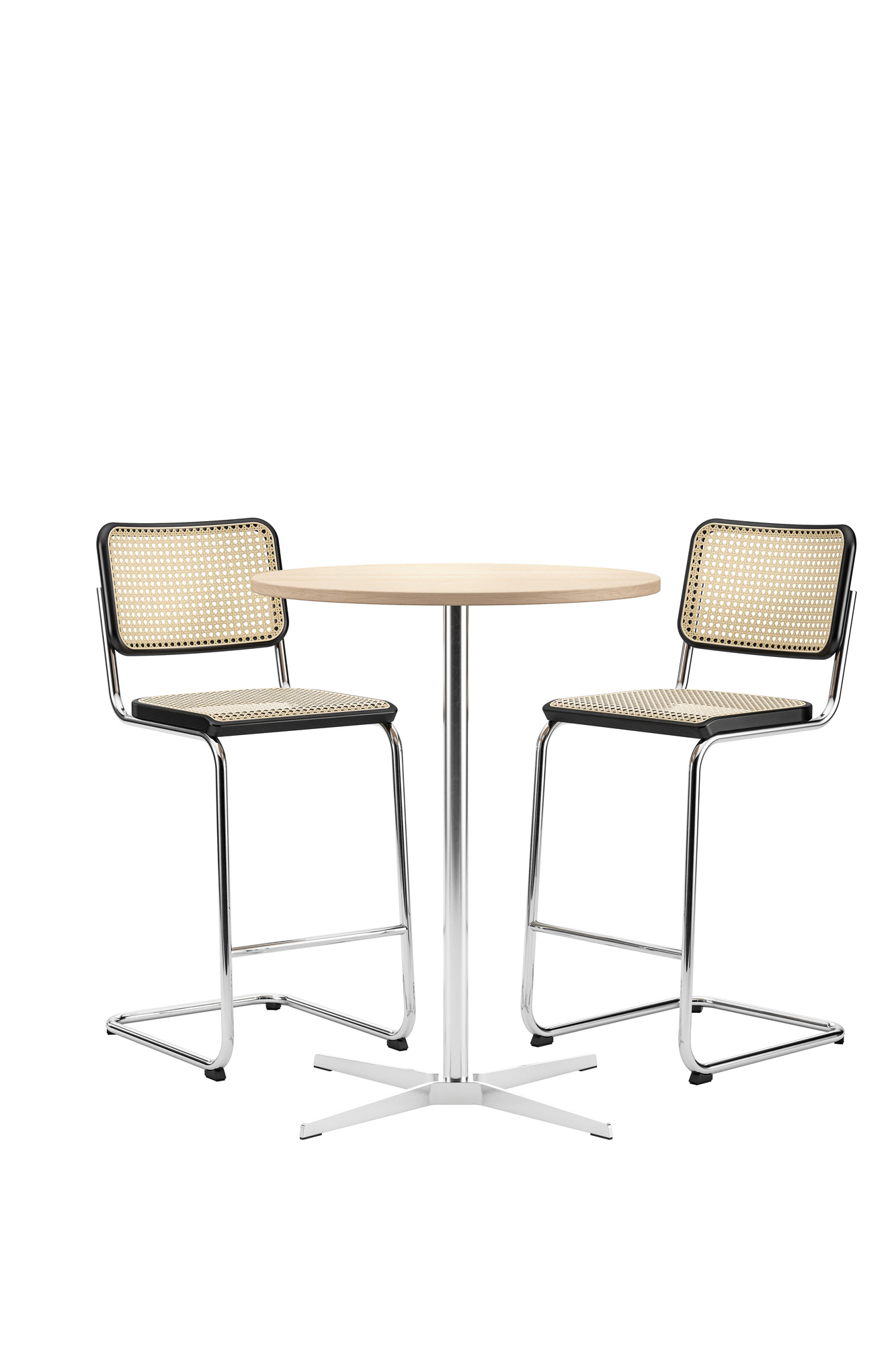 Zwei Thonet S 32 VH Barhocker aus Stahlrohr mit Wiener Geflecht und passender Tisch.