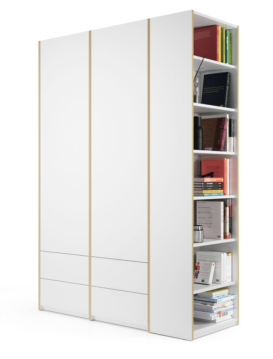 Weißer MODULAR PLUS Schrank mit drei Türen, Schubladen und offenem Anbauregal rechts, Bücher.