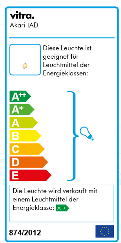 Energieeffizienzlabel der Akari 1AD Tischleuchte von Vitra, mit A++ Kennzeichnung für sparsamen Stromverbrauch.