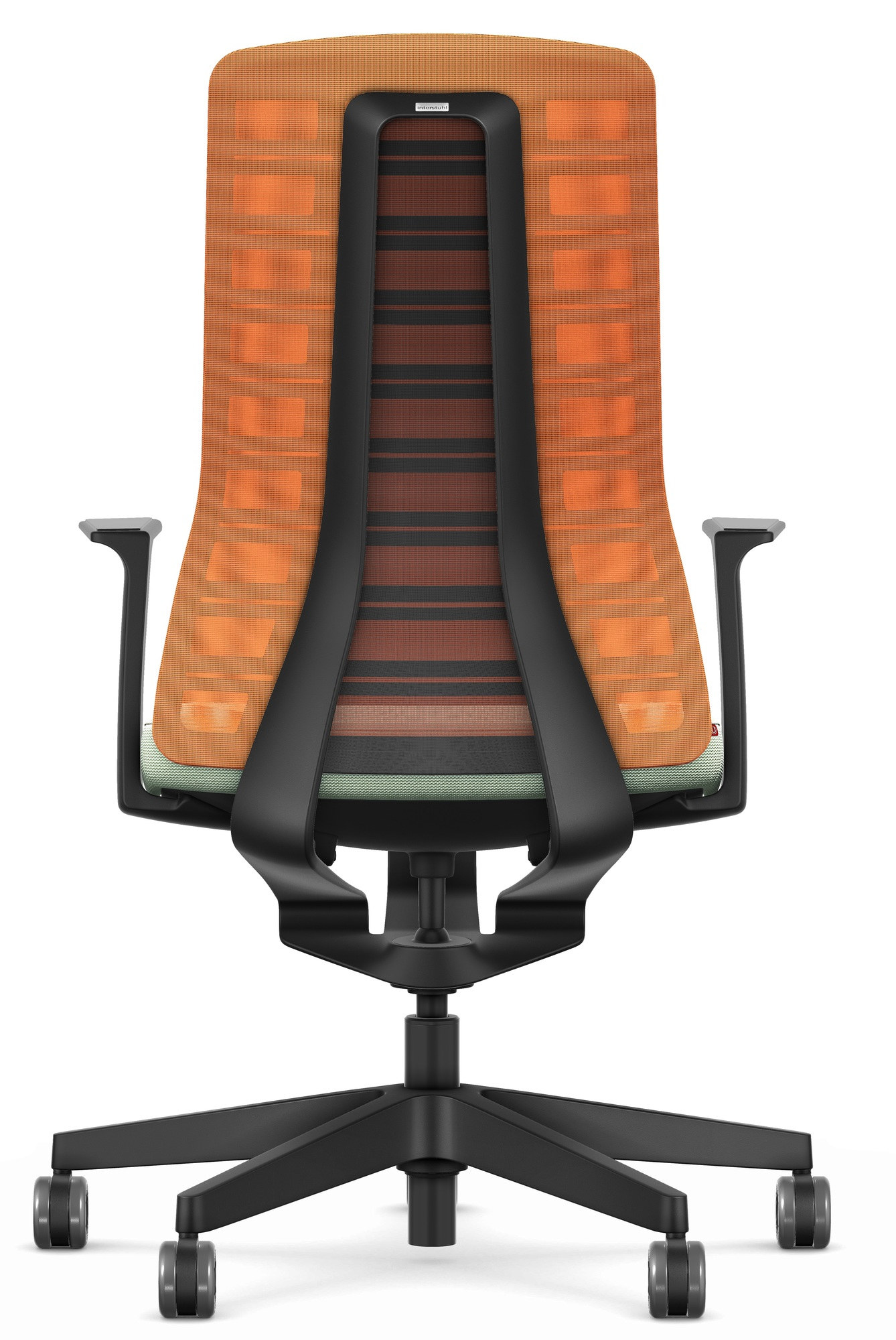 Rückansicht Interstuhl Pure Edition Active Bürostuhl, orangefarbene Rückenlehne, mintfarbener Sitz, schwarzes Fußkreuz mit Rollen.