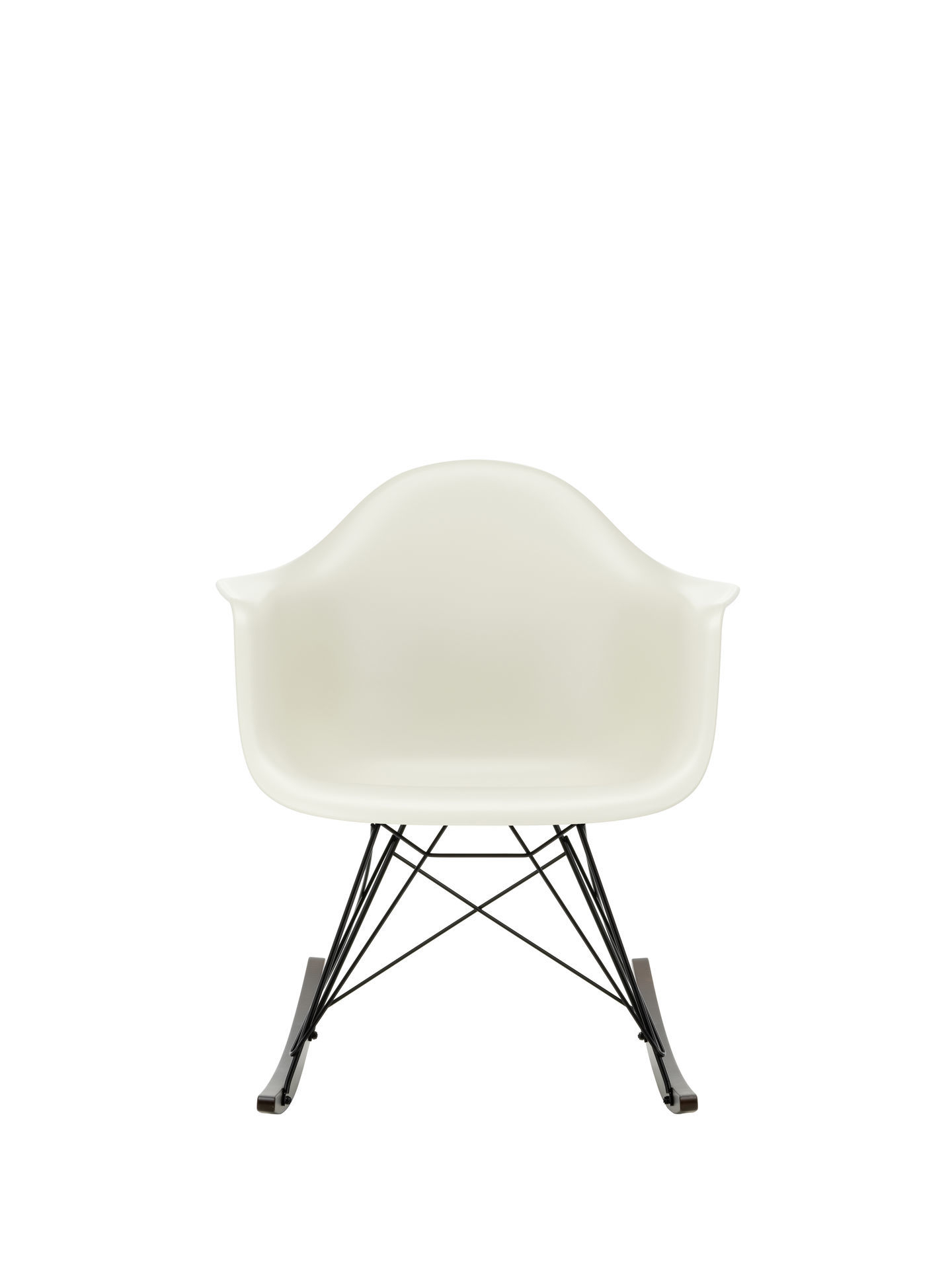 Vitra Eames RAR Schaukelstuhl in Weiß mit Ahorn-Kufen und schwarzem Chrom-Gestell.