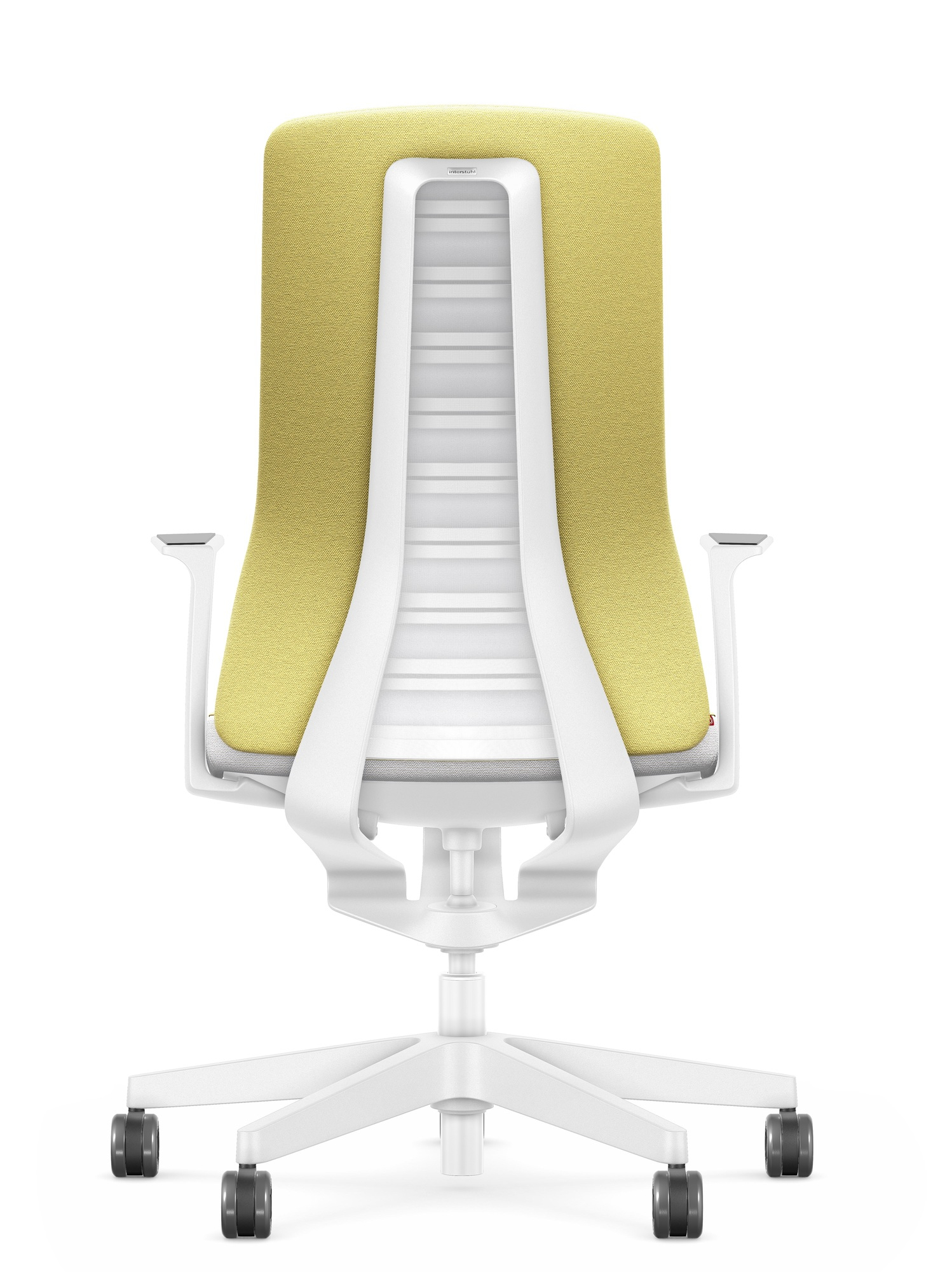 Rückansicht des Interstuhl Bürodrehstuhls Pure Edition mit gelber Rückenlehne und weißem Gestell.