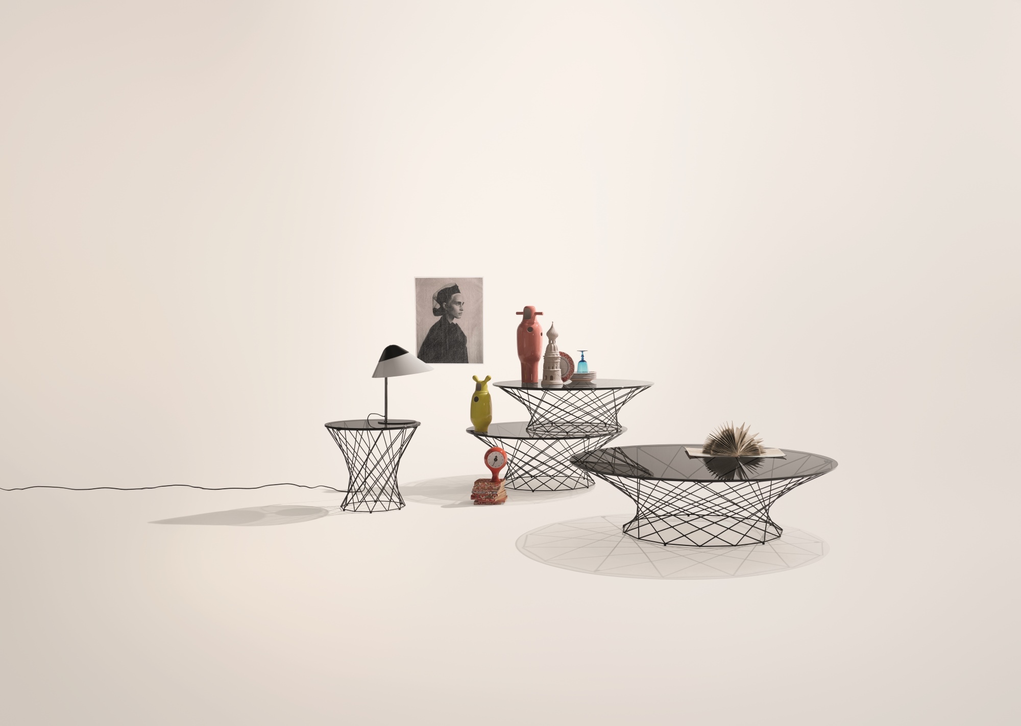 Oota Beistelltisch von Walter Knoll, QUICK SHIP, mit schwarzer Glasplatte und filigranem Drahtgestell.