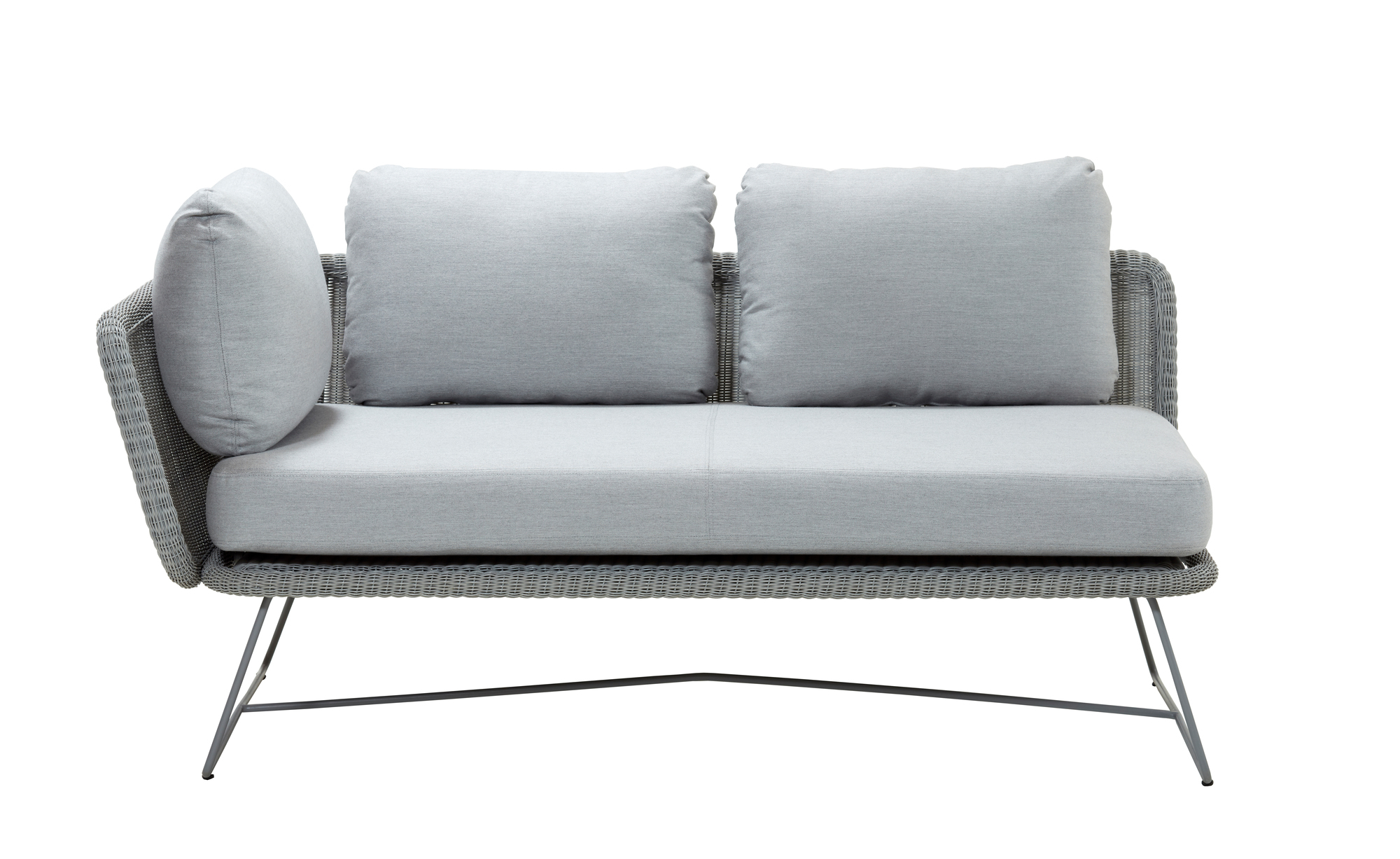 Horizon Outdoor Sofa 2-Sitzer rechts von Cane-Line mit grauem Geflecht und Polster.