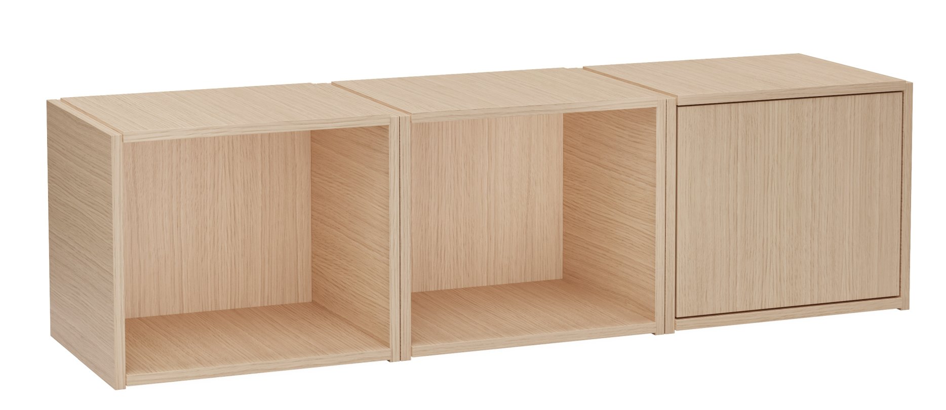 Bricks System Regal aus hellem Holz, bestehend aus zwei offenen Fächern und einem Schrank.