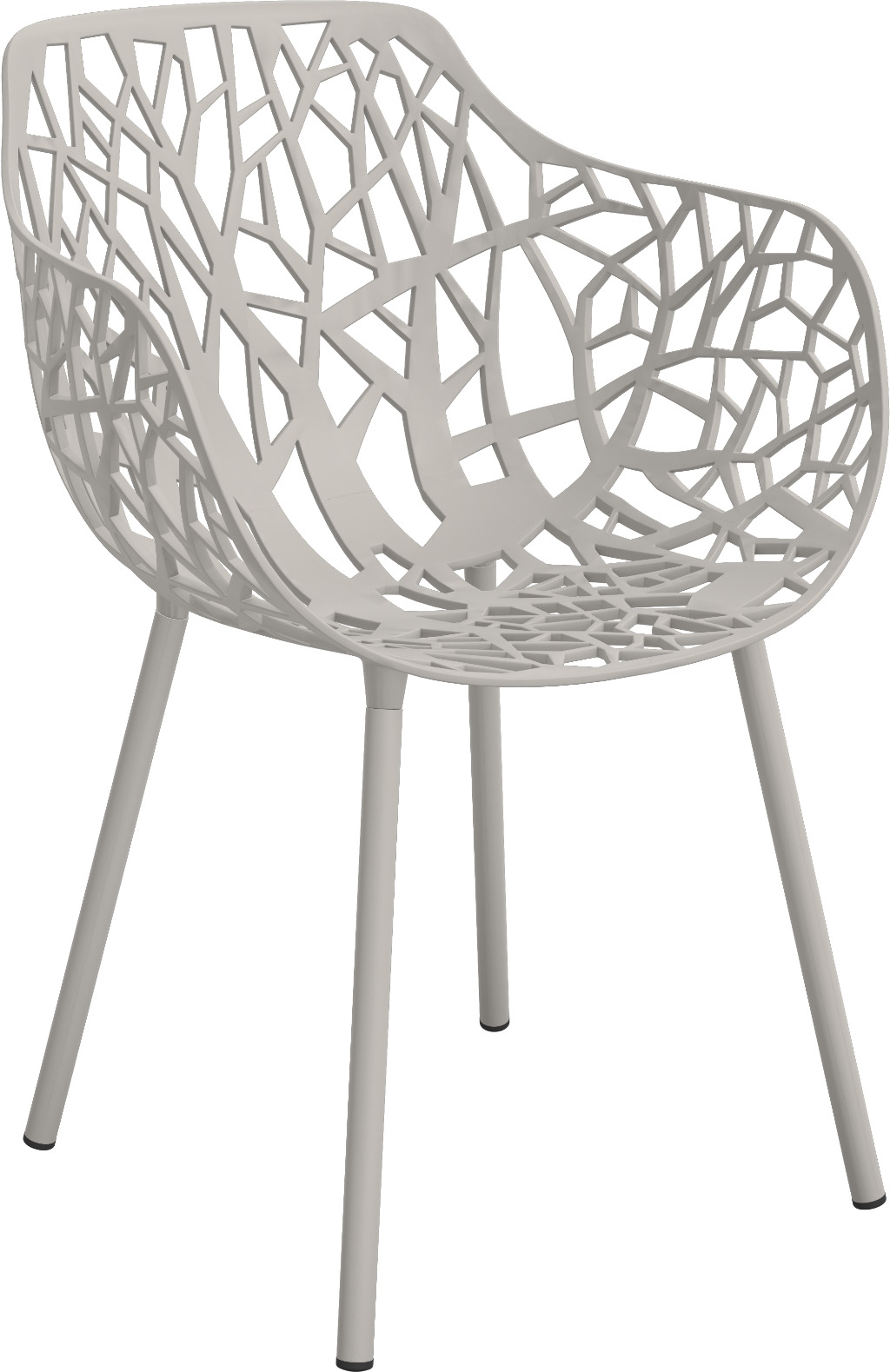 Forest Outdoor Sessel in Pulvergrau: Moderner Design-Sessel mit filigranem, baumartigen Muster und vier Beinen.
