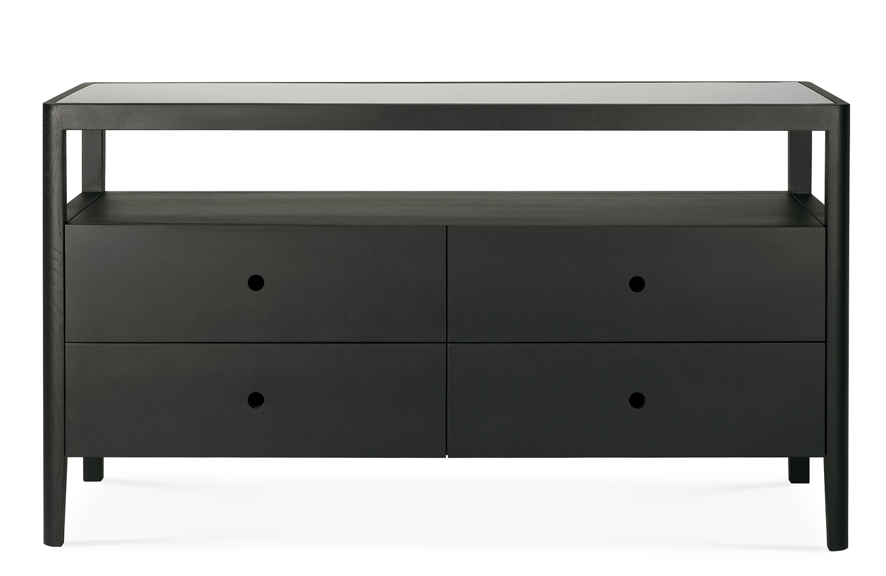 Ethnicraft Spindle Kommode mit vier Schubladen aus schwarz lackiertem Eichenholz. Moderne Kommode für Schlafzimmer.