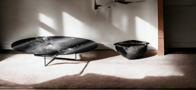 Galaxy Low Table: Runder, niedriger Tisch mit Galaxie-Muster von Moroso Diesel im modernen Wohnzimmer.