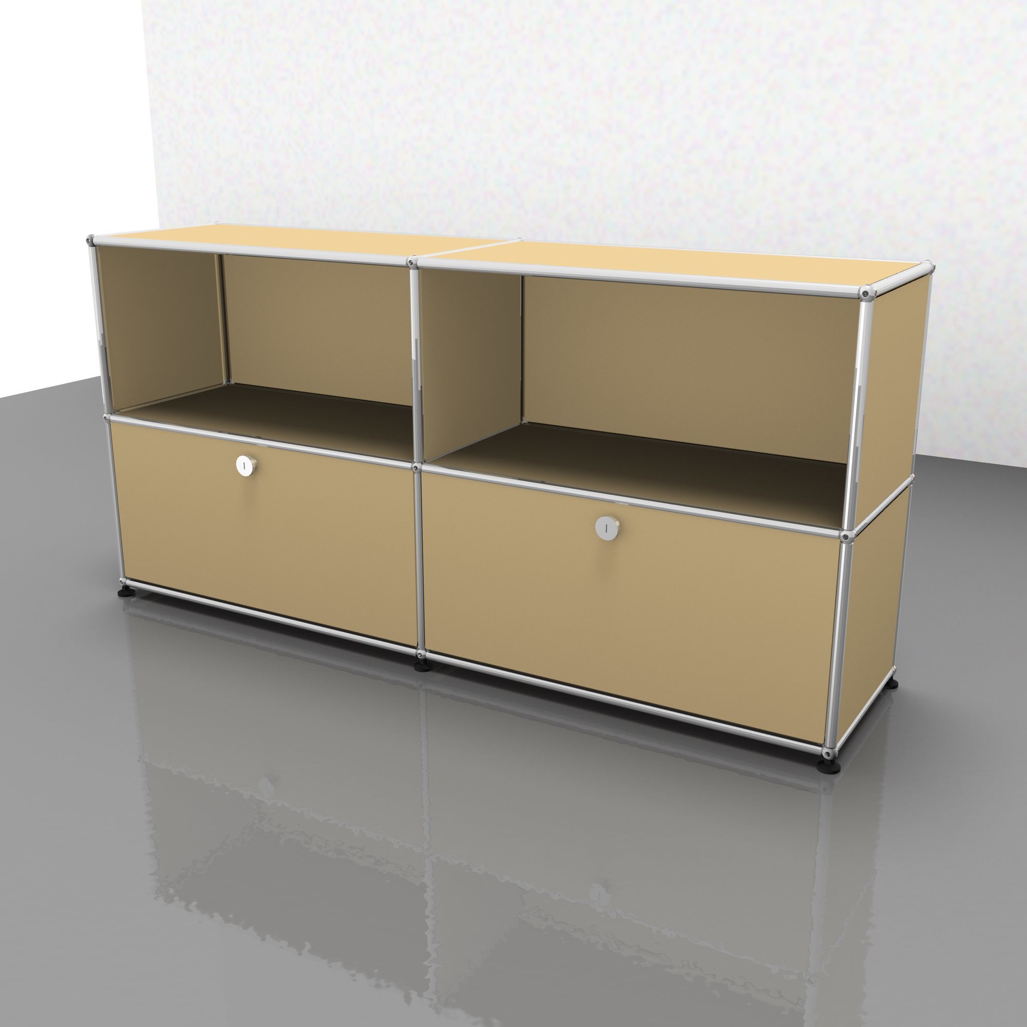 Beige USM Haller Sideboard mit zwei Klappen, Chromgestell, modernes modulares Möbeldesign für Wohnzimmer und Büro.