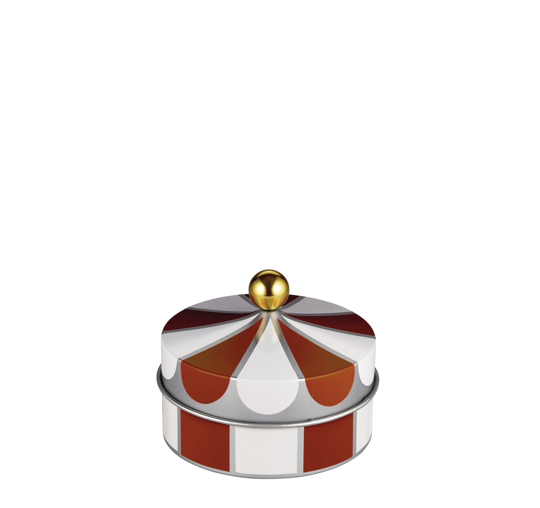 Alessi Circus Metalldose, Detailansicht: Rund, gestreift, mit goldenem Knauf. Dekorative Vorratsdose für Küche.
