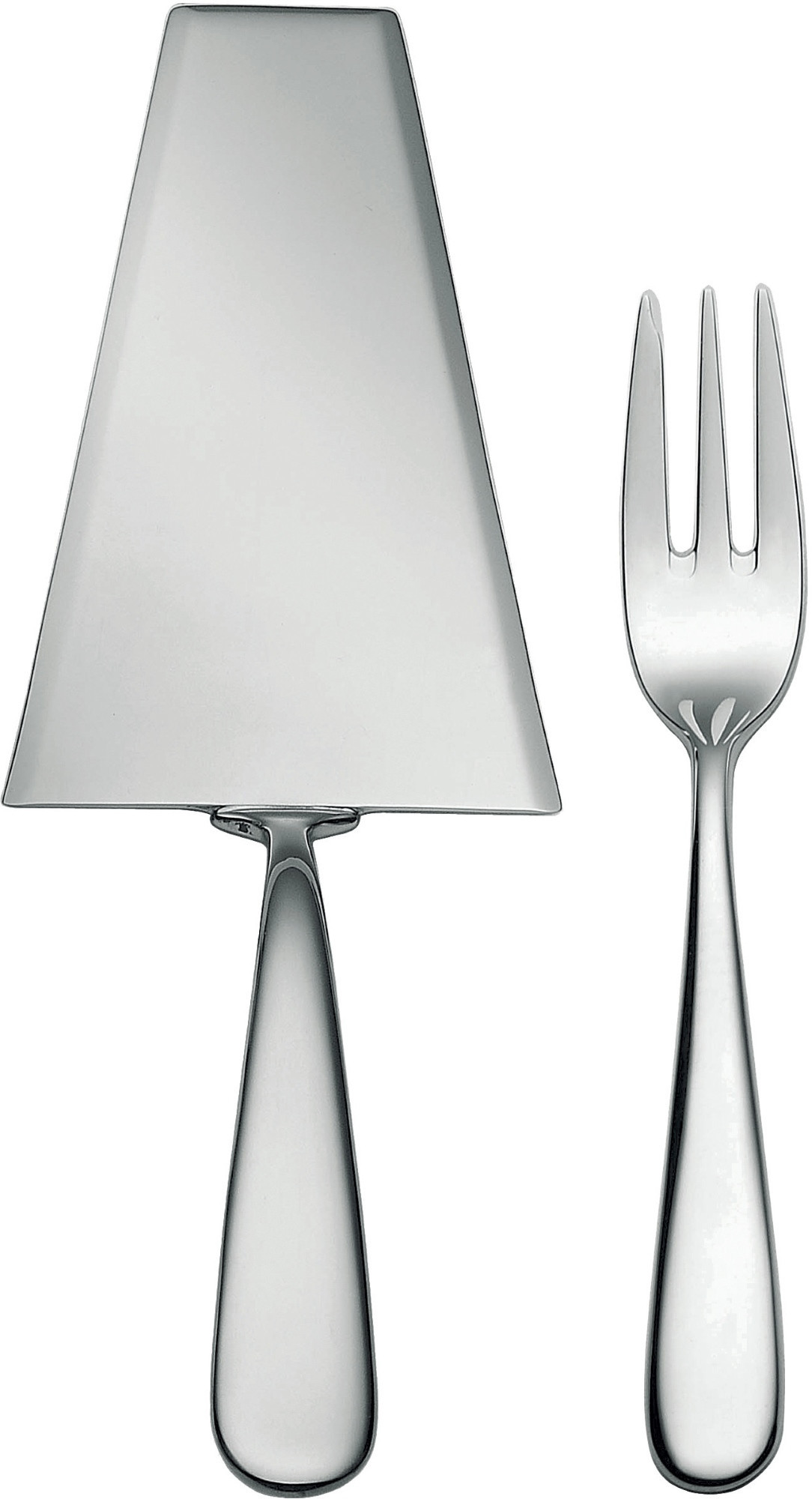 Alessi Nuovo Milano Tortenheber und Kuchengabel aus Edelstahl, Teil der Besteckgarnitur.