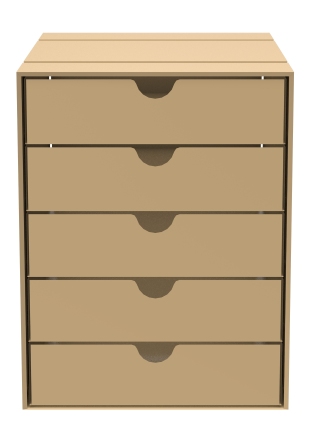 Beige USM Haller Inos Kastenset mit fünf geschlossenen Schubladen für das Home Office, Frontansicht.