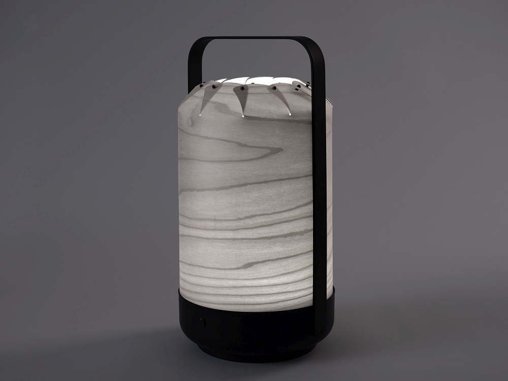 Graue Chou Mini LED Akkuleuchte von LZF Lamps: Moderne Tischleuchte mit Tragegriff.