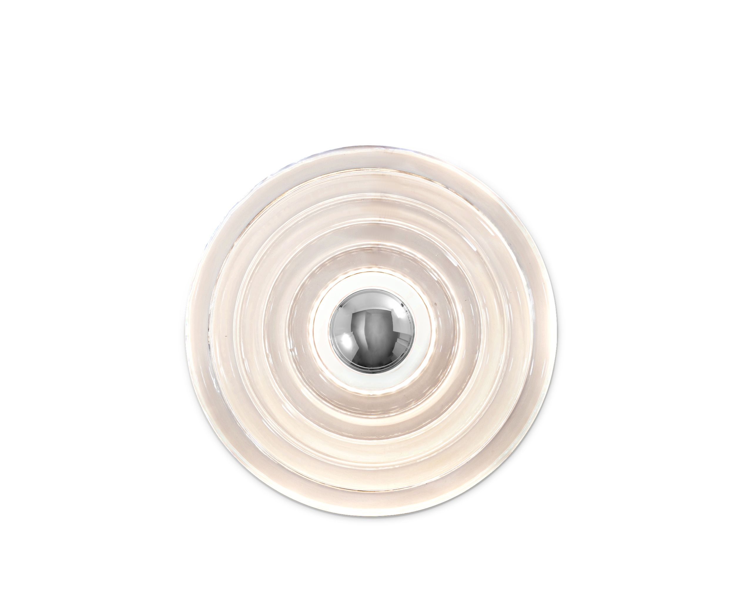 Nahaufnahme der runden Tom Dixon Press Surface Wandleuchte mit zentralem silbernen Reflektor.
