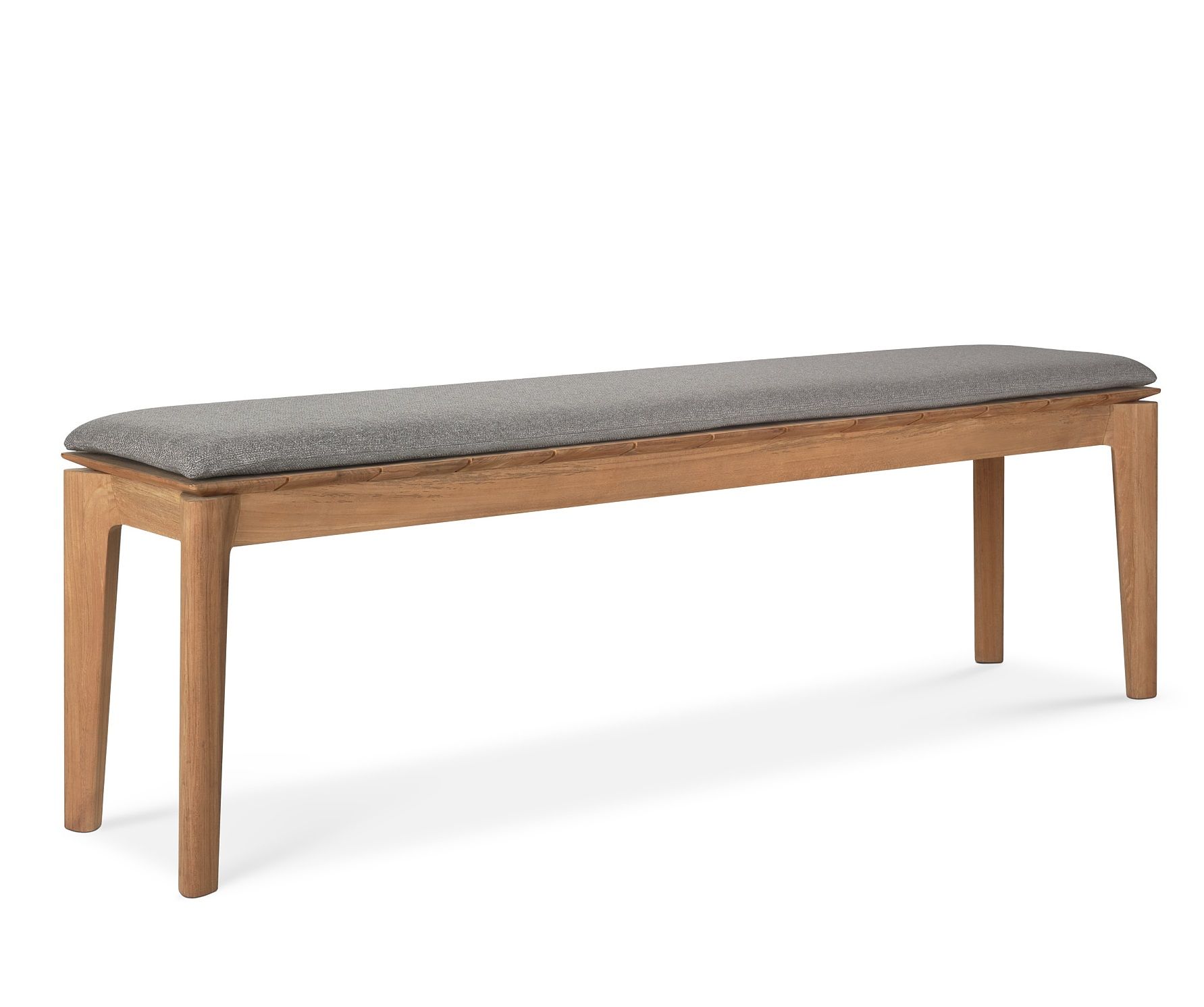 Bok Outdoor Bank aus Teakholz für 3 Personen mit grauem Sitzkissen.