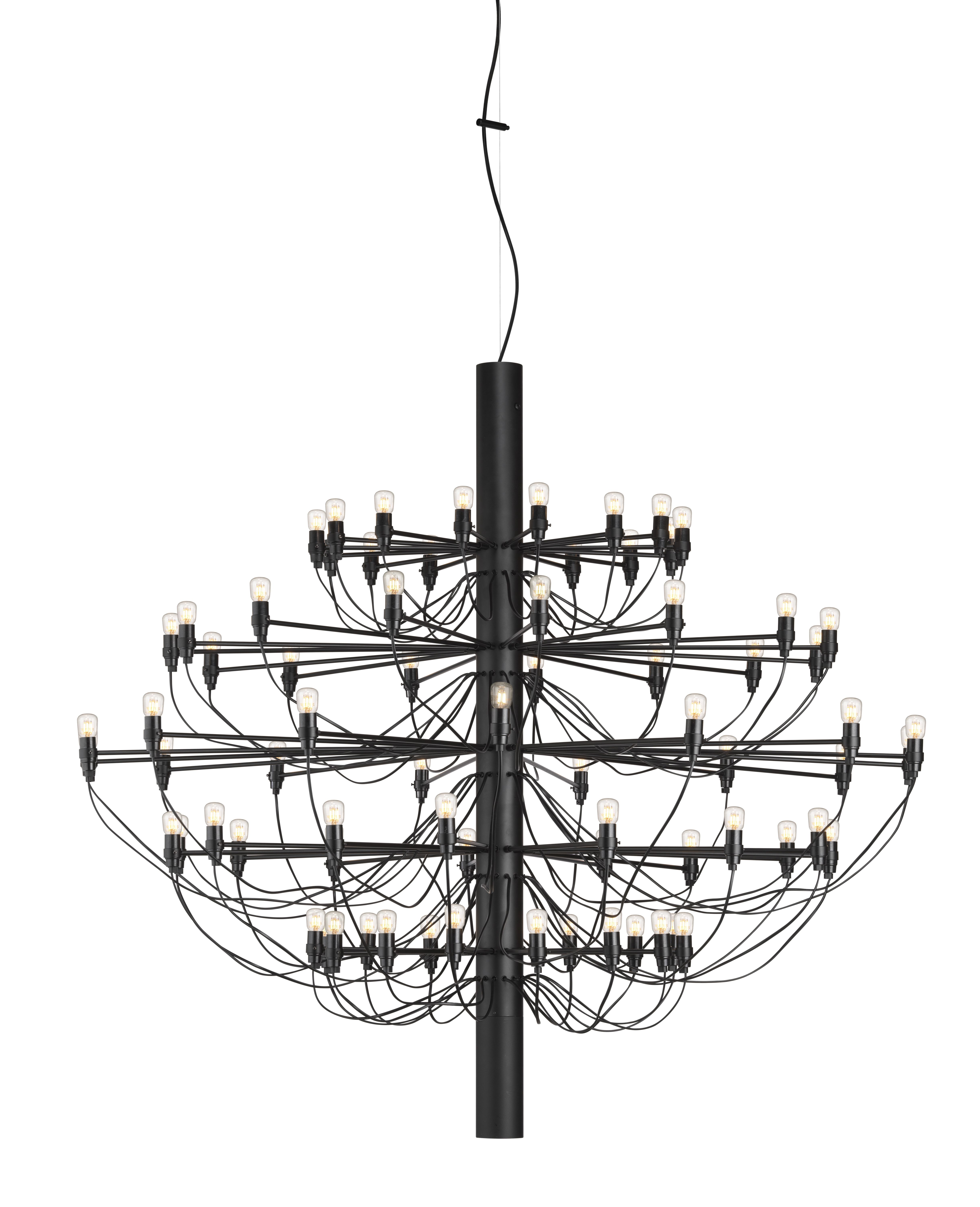 Schwarzer Flos Kronleuchter 2097/75 mit klaren Glühbirnen, modernes Design für Wohnzimmer und Esszimmer.