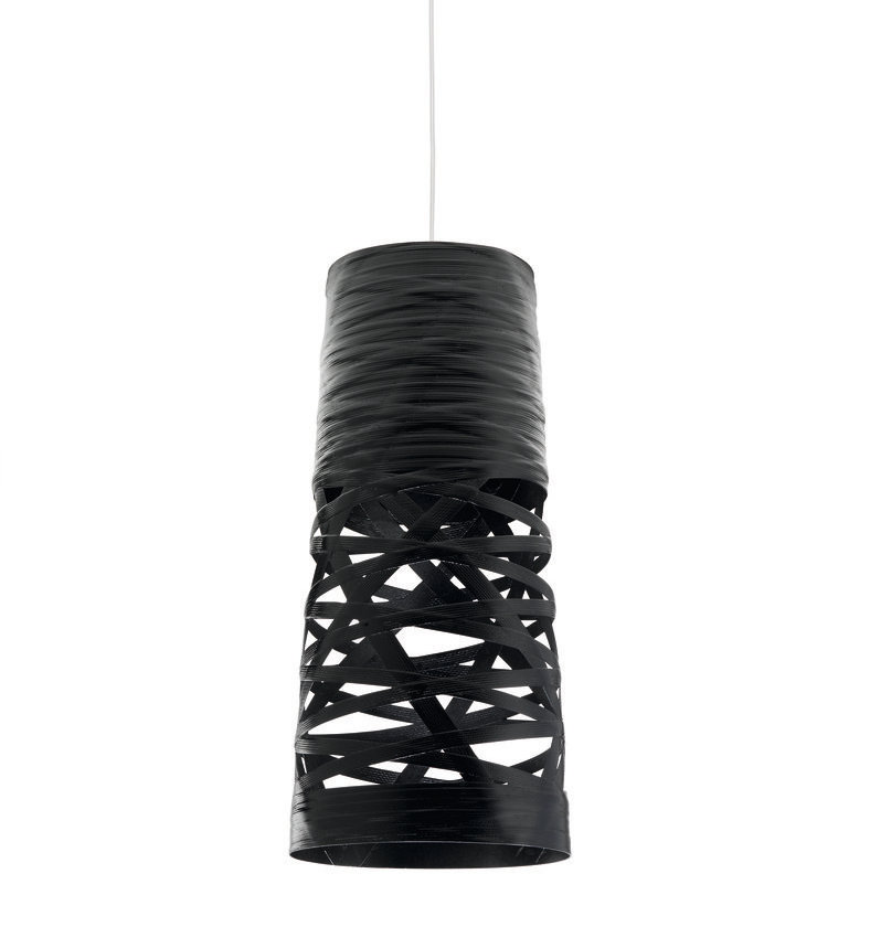 Schwarze Tress Mini Pendelleuchte von Foscarini mit modernem Design und geflochtenen Elementen für Wohnzimmer und Esszimmer.