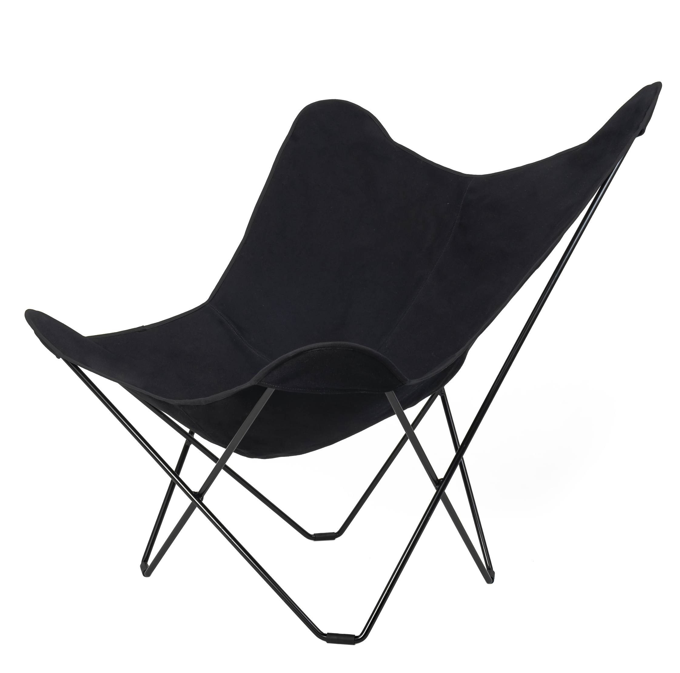 Schwarzer Canvas Mariposa Butterfly Chair Sessel mit schwarzem Lederbezug und filigranem Metallgestell.
