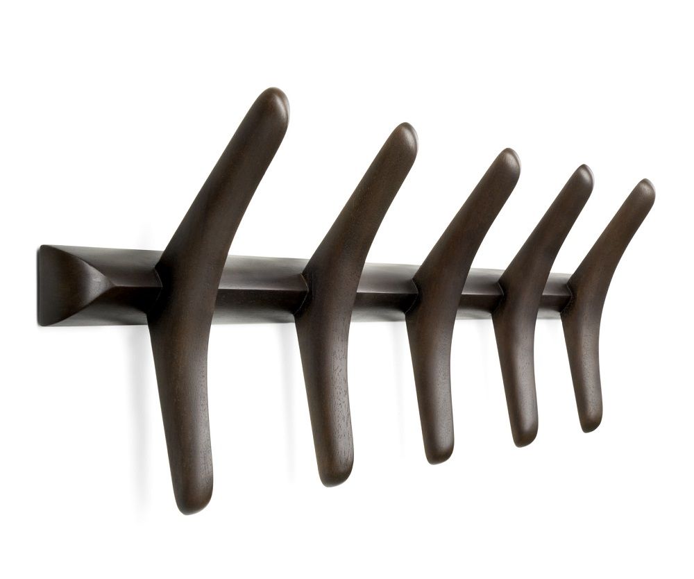 Ethnicraft PI Kleiderhaken aus dunklem Holz mit fünf Haken, moderne Wandgarderobe für Flur und Diele.