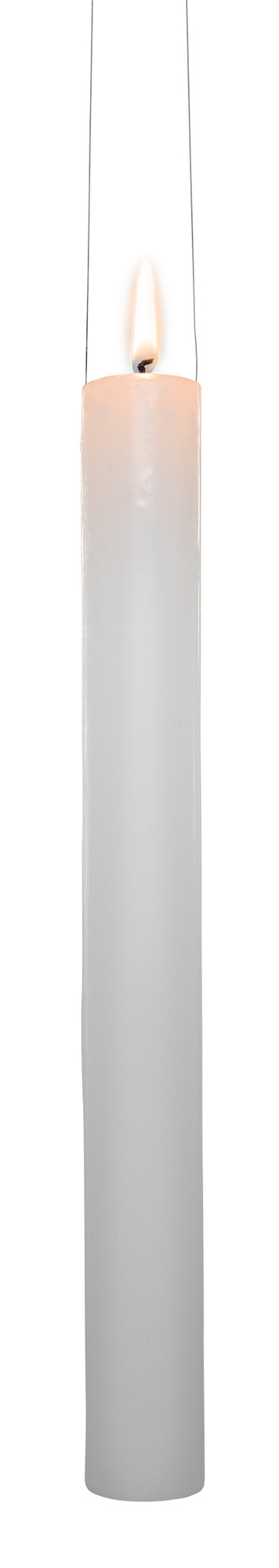 Weiße Fly Candle Fly! Hängekerze von Ingo Maurer mit brennender Flamme und filigranen Aufhängungsdrähten.