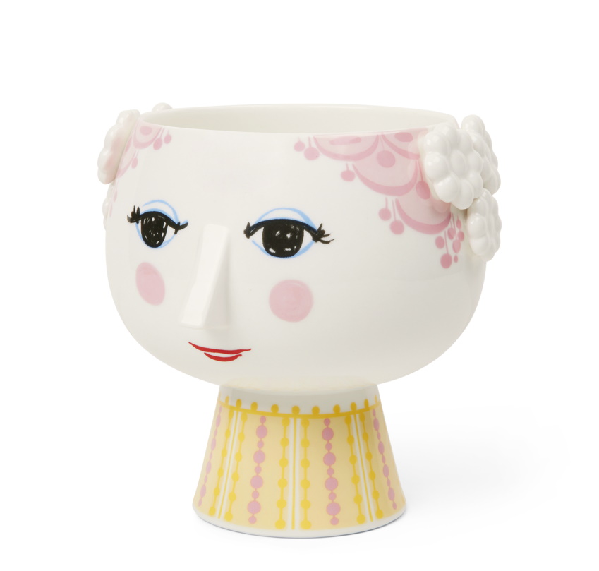 Pinker Eva Übertopf von Bjørn Wiinblad mit Gesicht und Fuß, Durchmesser 15,5 cm, Keramik.