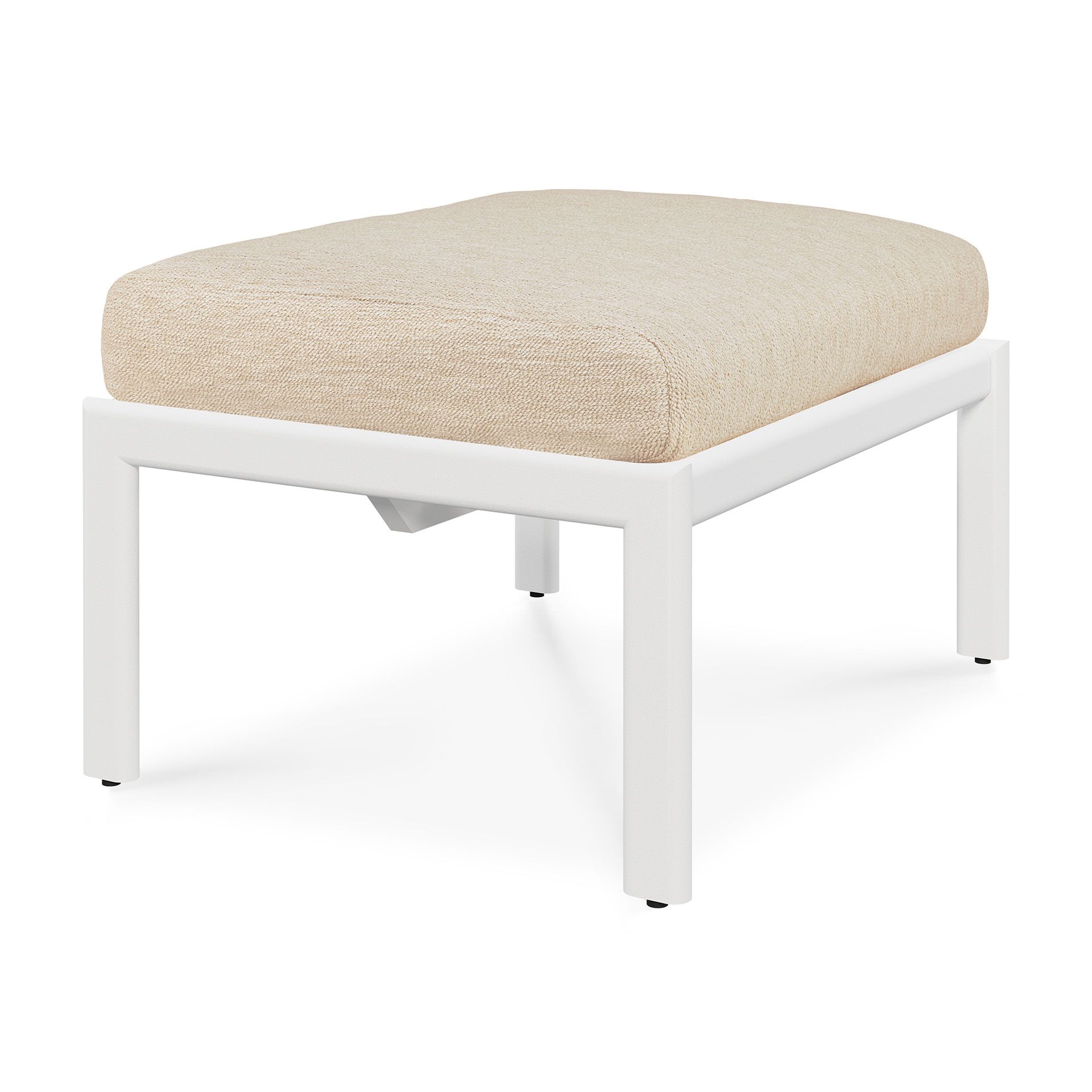 Jack Outdoor Fußhocker von Ethnicraft: Weißes Aluminiumgestell mit beiger Polsterung für Garten und Terrasse.