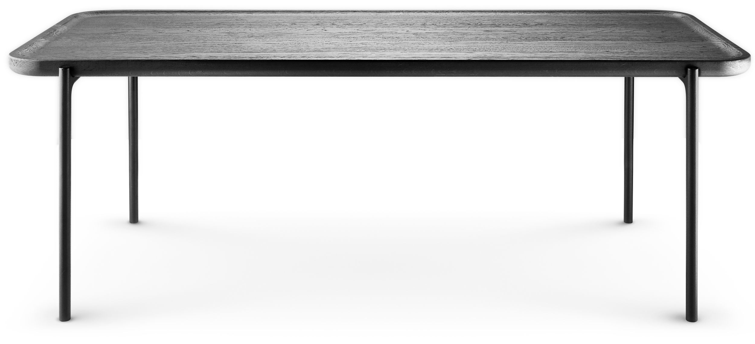 Schwarzer Savoye Tisch mit rechteckiger Eichenplatte und filigranen Metallbeinen. Moderner Esstisch für Wohnzimmer und Essbereich.