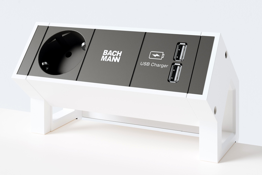 Steckdosenelement für Palmberg Crew T Schreibtisch: Stromanschluss und USB-Ladegeräte für höhenverstellbare Tische.