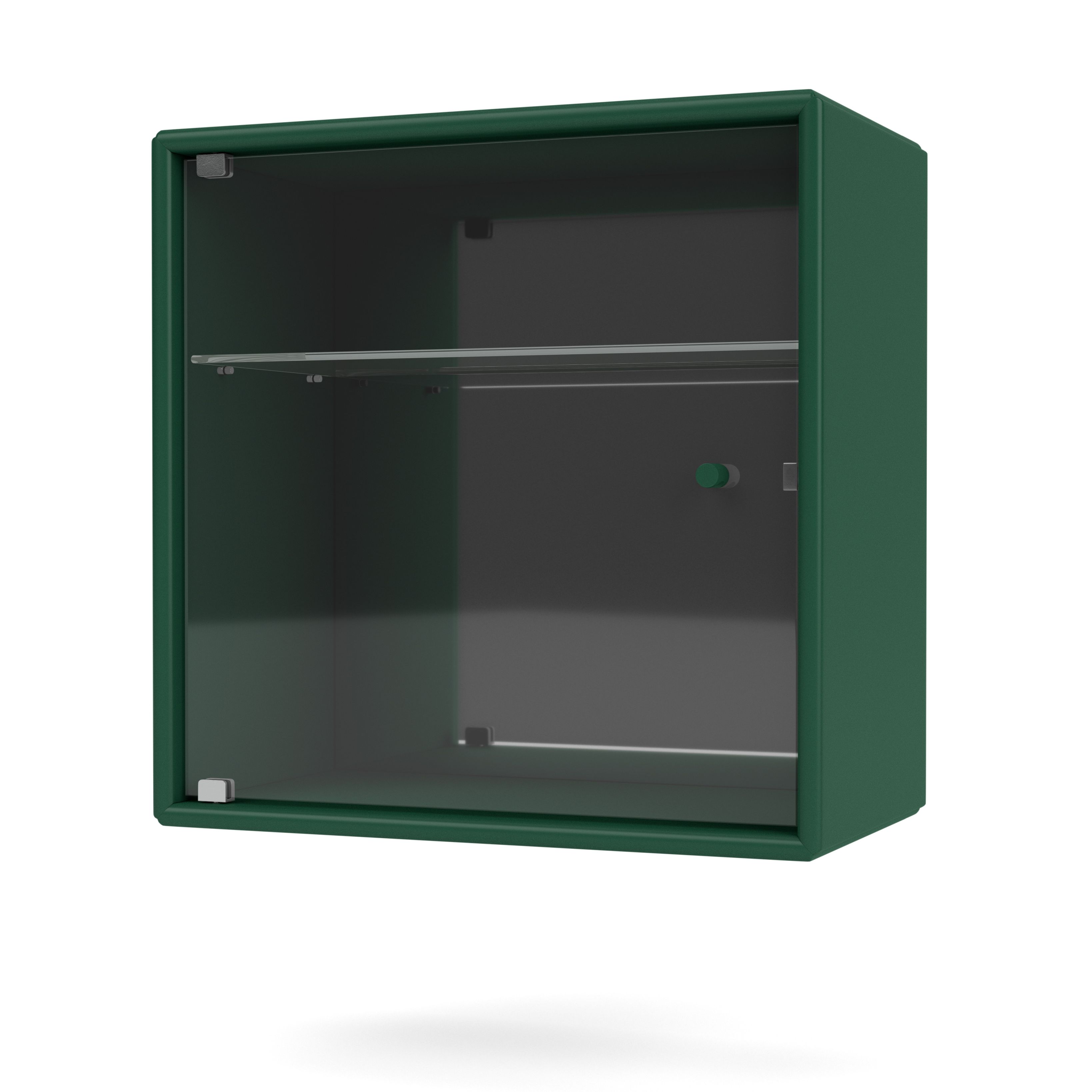 Grüner Wandschrank mit Glastür und Glasboden, ideal für Parfums und Kosmetik.