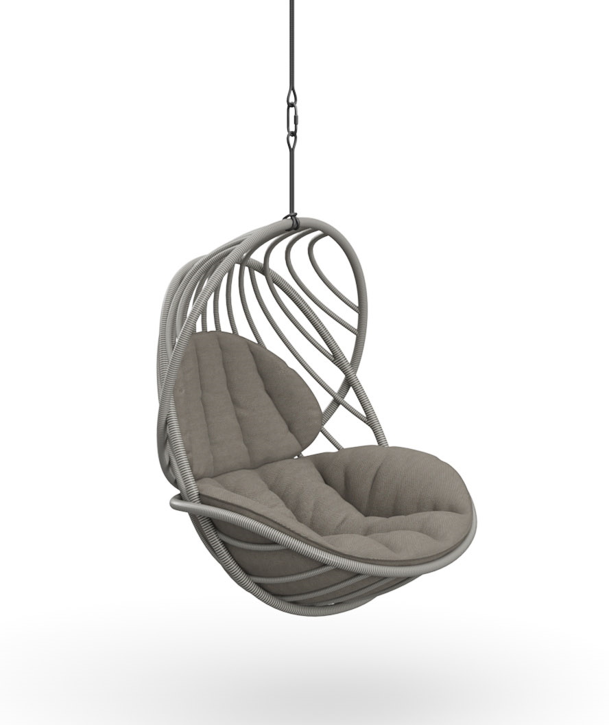 Kida Hängesessel mit Polster von Dedon, grauer Outdoor-Sessel zum Entspannen, schwebende Sitzgelegenheit.