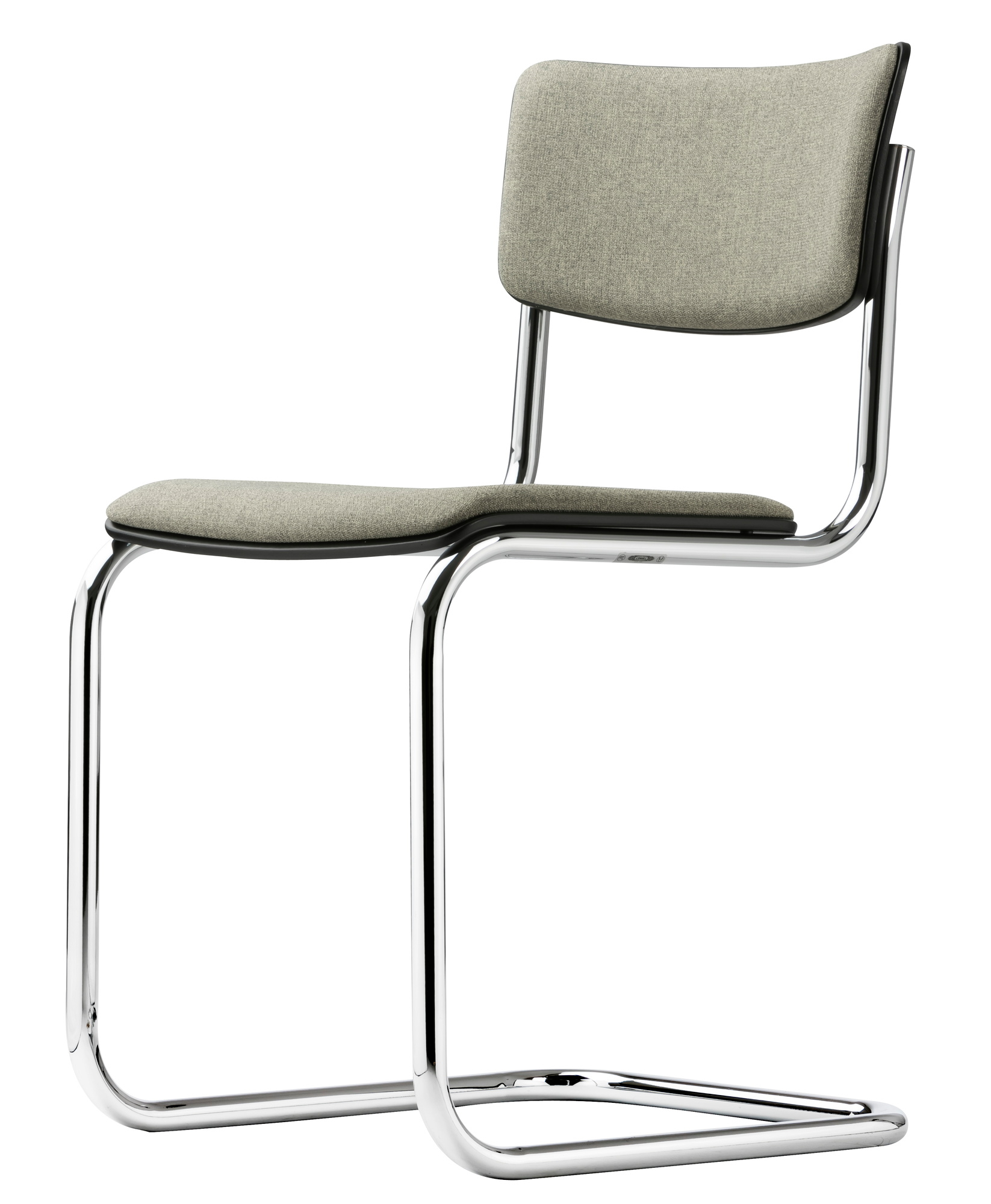 S 43 PVST Thonet Freischwinger Stuhl mit Stahlrohrgestell und grauem Stoffbezug, klassisches Design.