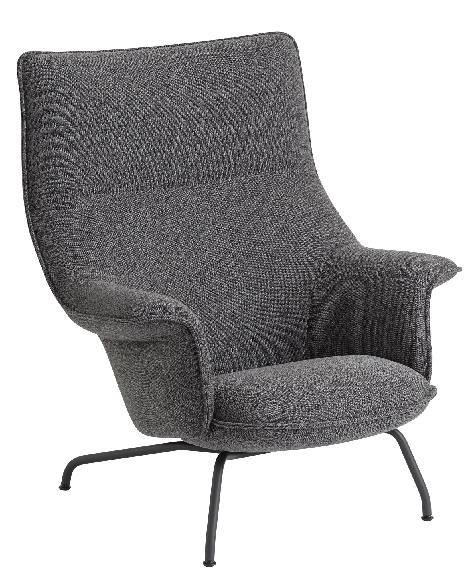 Grauer Muuto Doze Lounge Chair Sessel mit hoher Rückenlehne und schwarzem Metallfuß.