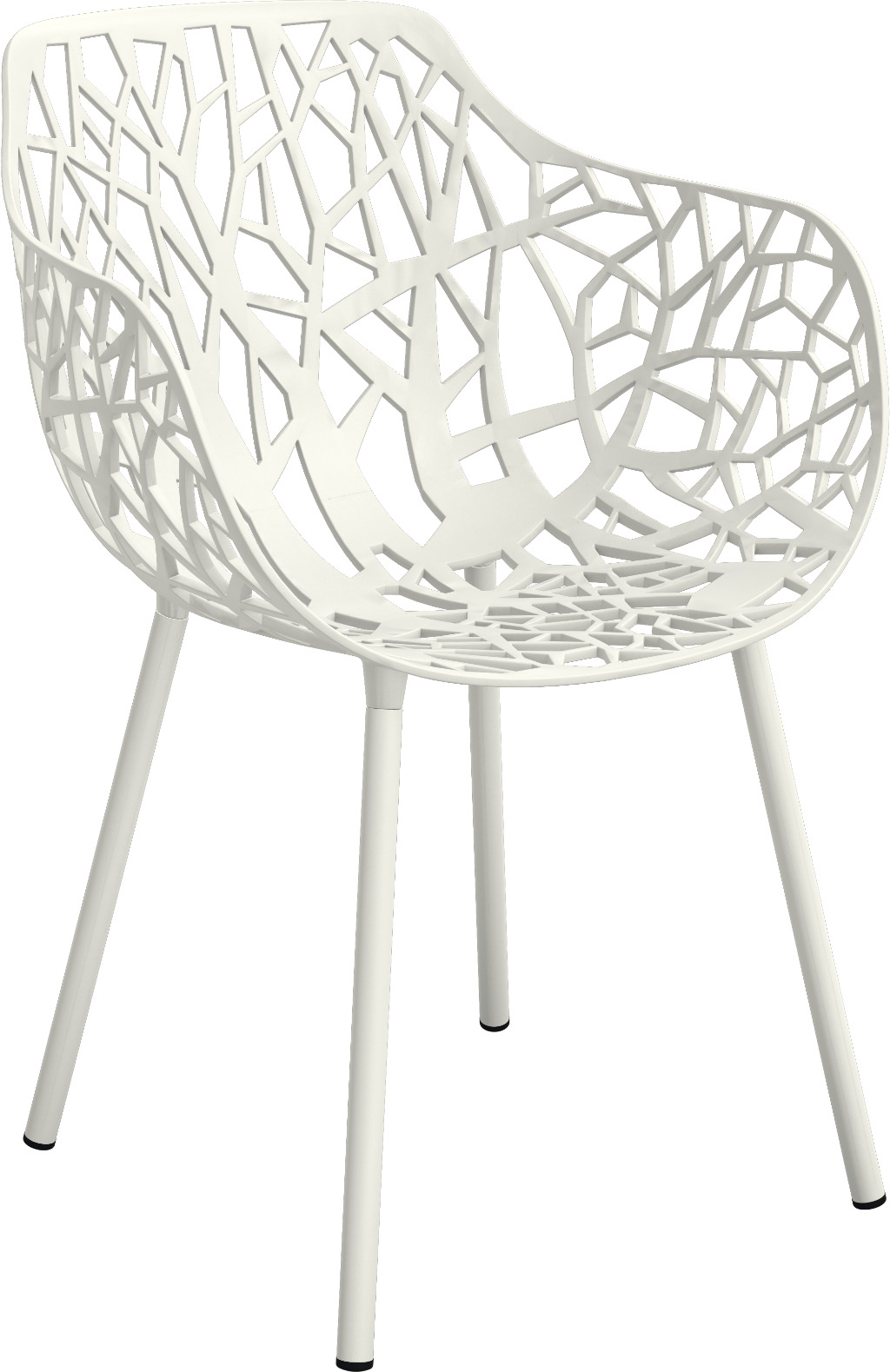 Weißer Forest Outdoor Sessel mit filigranem Design und vier Beinen, ideal für Garten und Terrasse.