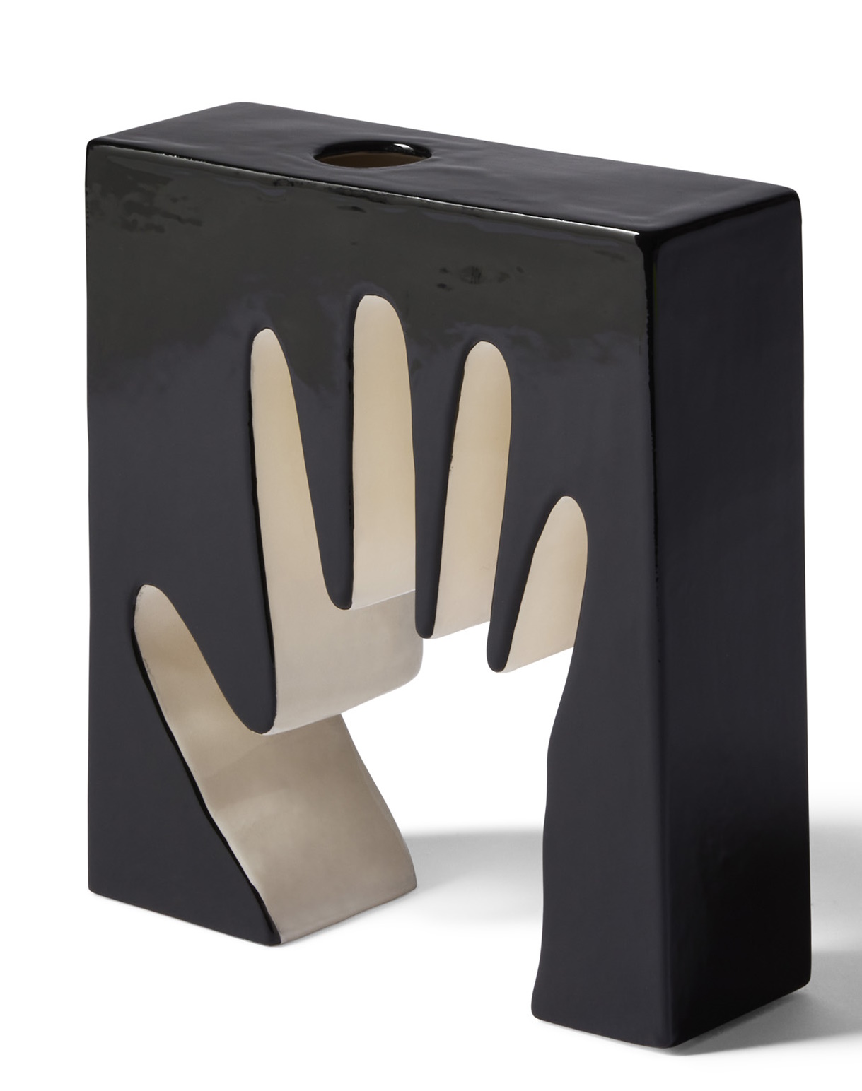 Schwarze Cassina Keramikvase "Impronta Mano" mit Aussparungen in Form von Händen, moderne Dekoration.